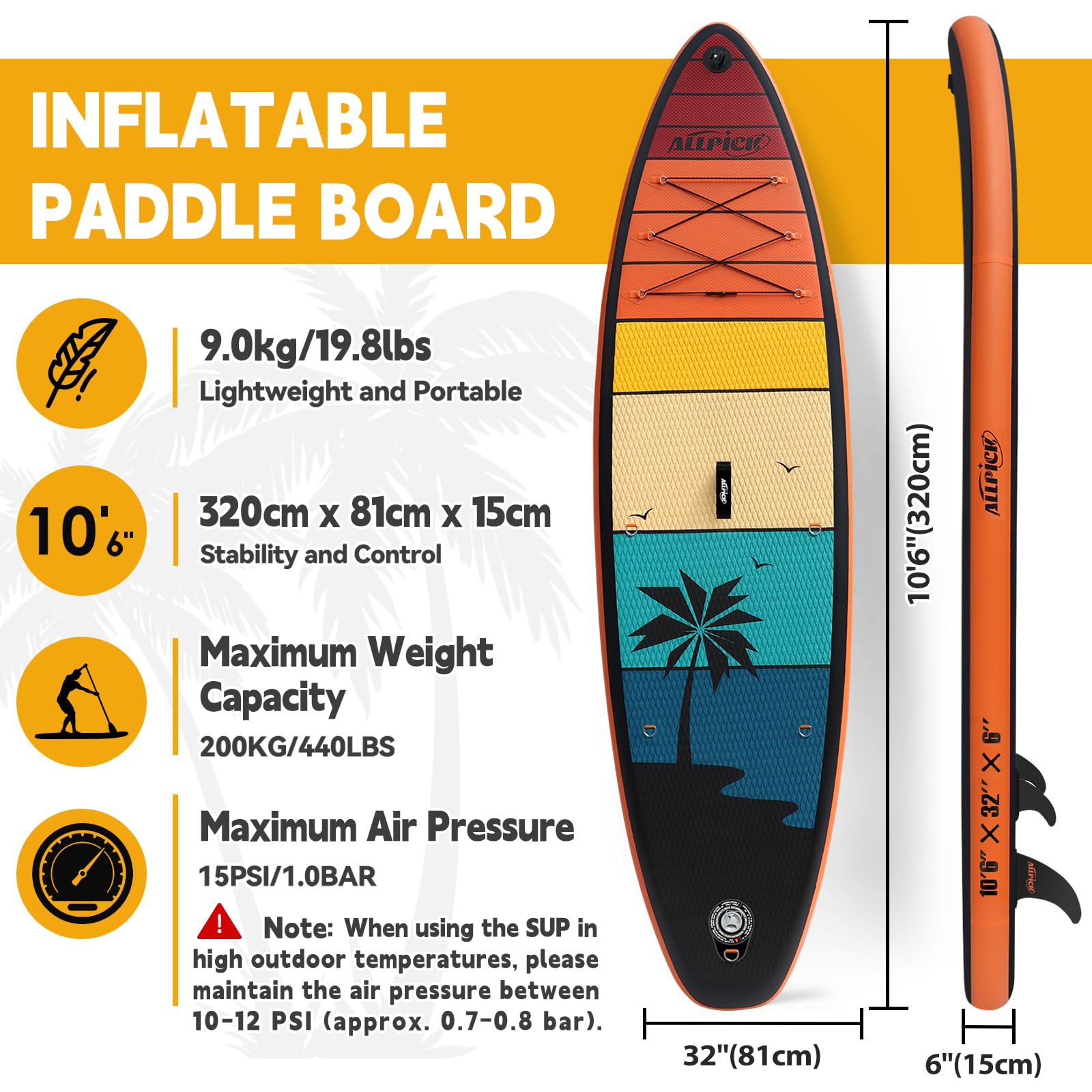 ALLPICK Premium SUP Board aufblasbar Set - Stand Up Paddle Kamerahalterung verstellbares Paddel 150kg/180kg OrangeAbendröte