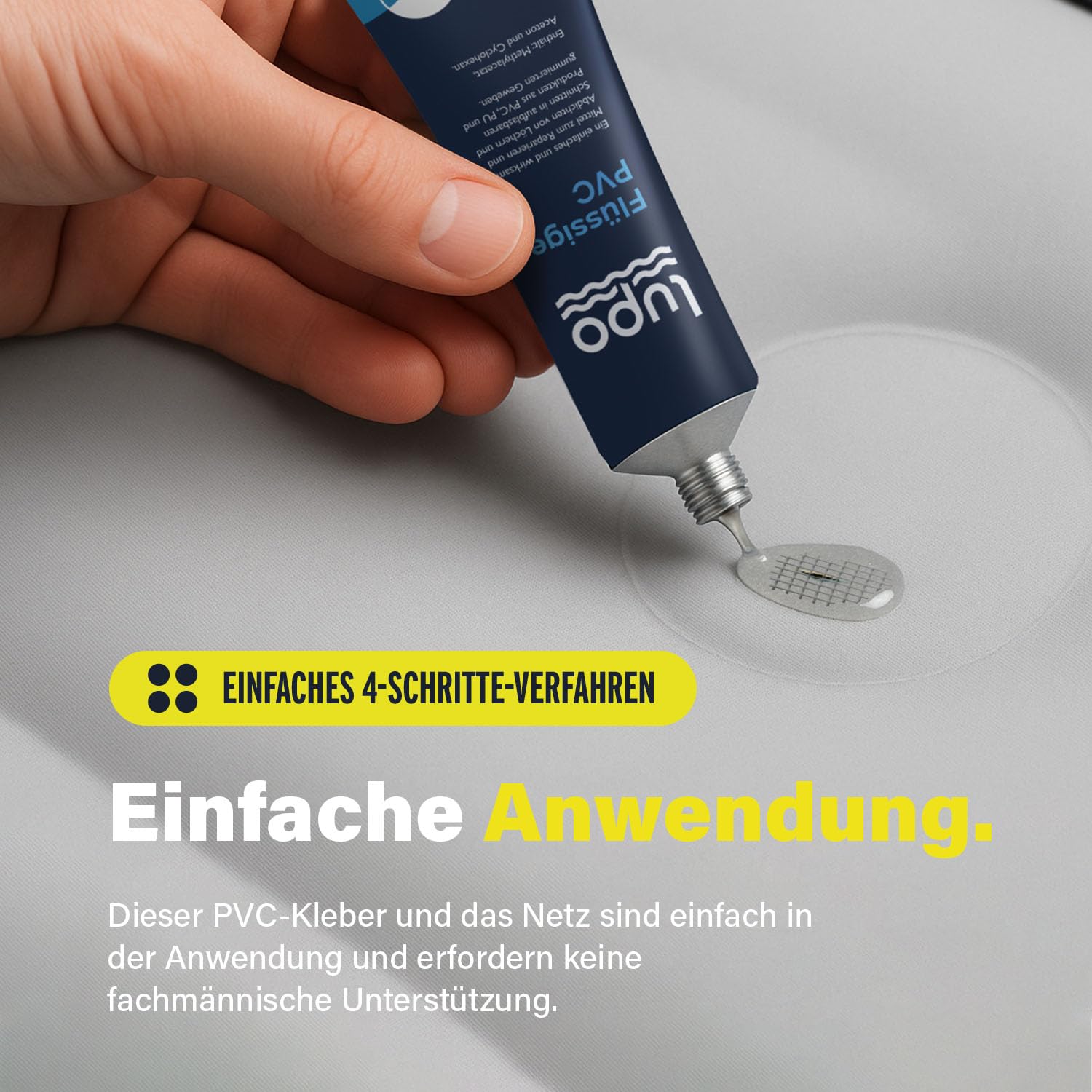 Lupo Hochleistungs-Flüssigvinyl Reparaturflicken mit Netzschnur - Vinyl Kleber Dichtstoff für Kajaks Luftmatratzen Zelte Pools 30ml