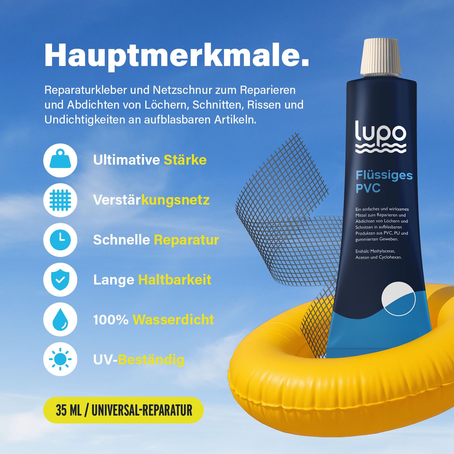 Lupo Hochleistungs-Flüssigvinyl Reparaturflicken mit Netzschnur - Vinyl Kleber Dichtstoff für Kajaks Luftmatratzen Zelte Pools 30ml