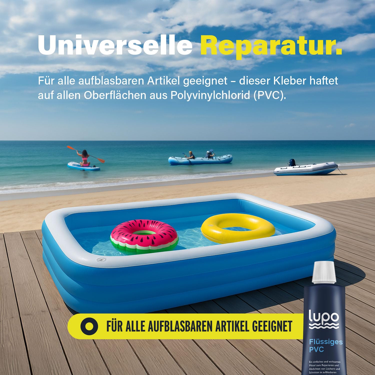 Lupo Hochleistungs-Flüssigvinyl Reparaturflicken mit Netzschnur - Vinyl Kleber Dichtstoff für Kajaks Luftmatratzen Zelte Pools 30ml