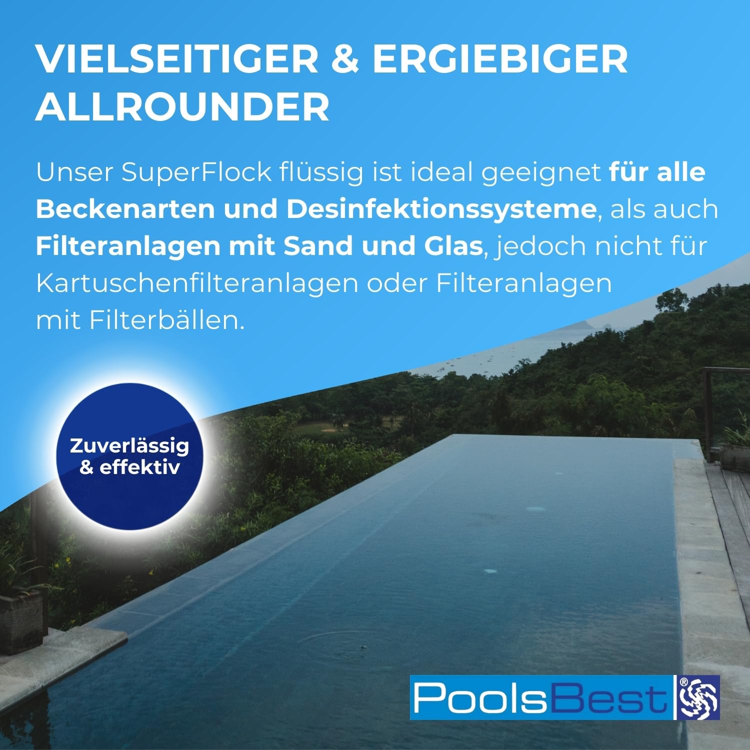 PoolsBest Superflock flüssig 1L - Hochkonzentriertes Flockungsmittel für Pool - Trübungsentferner für klares Wasser - Für Sandfilter