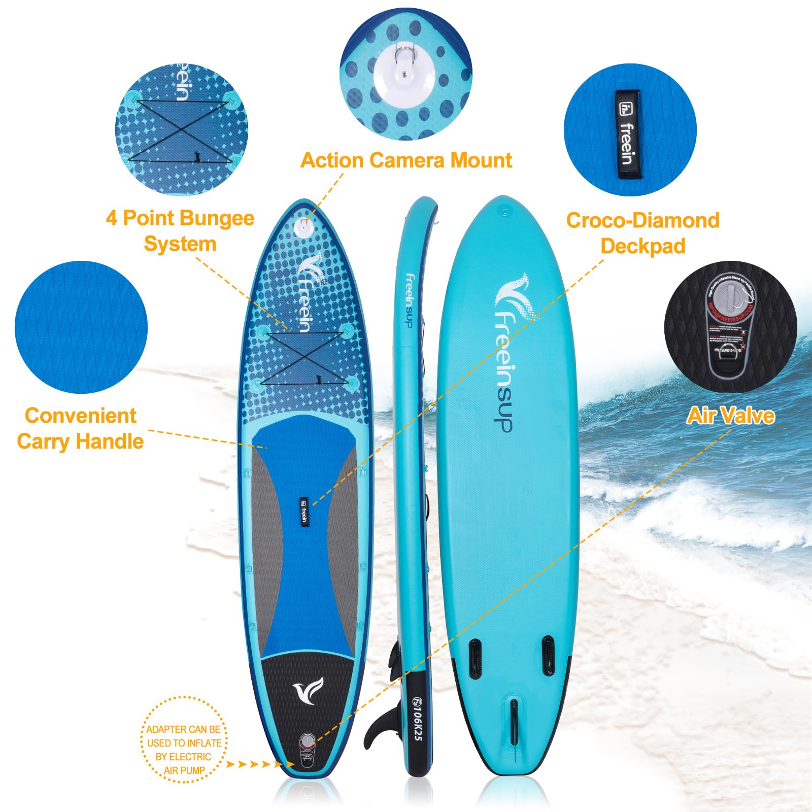 freein Kajak SUP Board Set 320cm - Aufblasbares Paddle Board mit Kajaksitz & Kamerahalterung - Paddel, Rucksack - Für Alle Level - Blau
