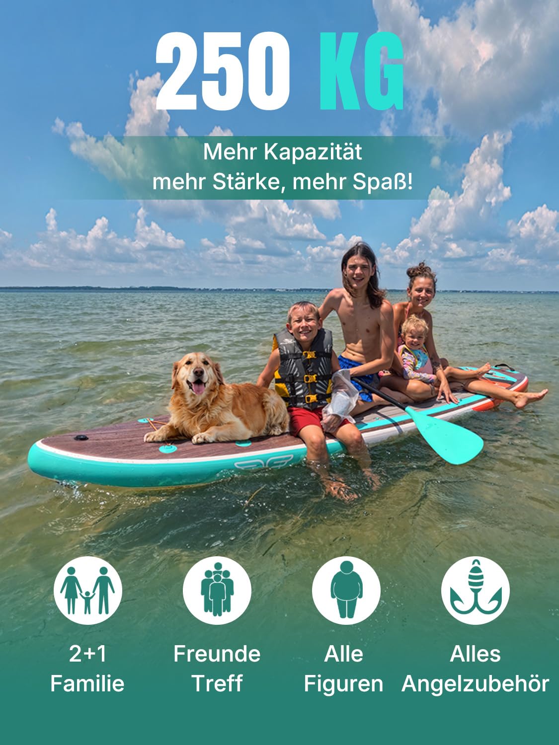 Niphean Extra Groß SUP Board für 2+1 Personen - Familien Stand Up Paddle mit Balancierflügel, wasserdichte Handyhülle, Anfängergeeignet