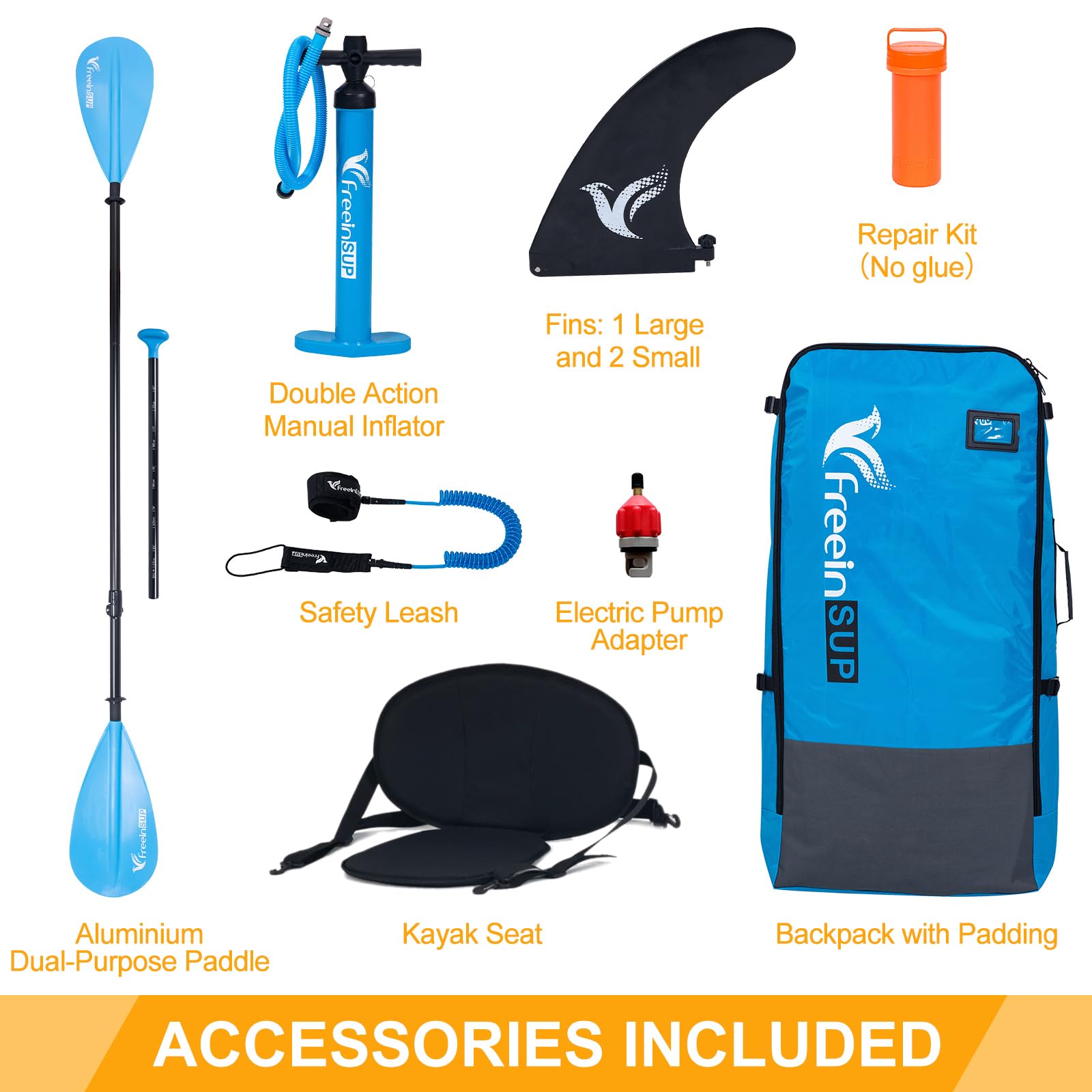 freein Kajak SUP Board Set 320cm - Aufblasbares Paddle Board mit Kajaksitz & Kamerahalterung - Paddel, Rucksack - Für Alle Level - Blau