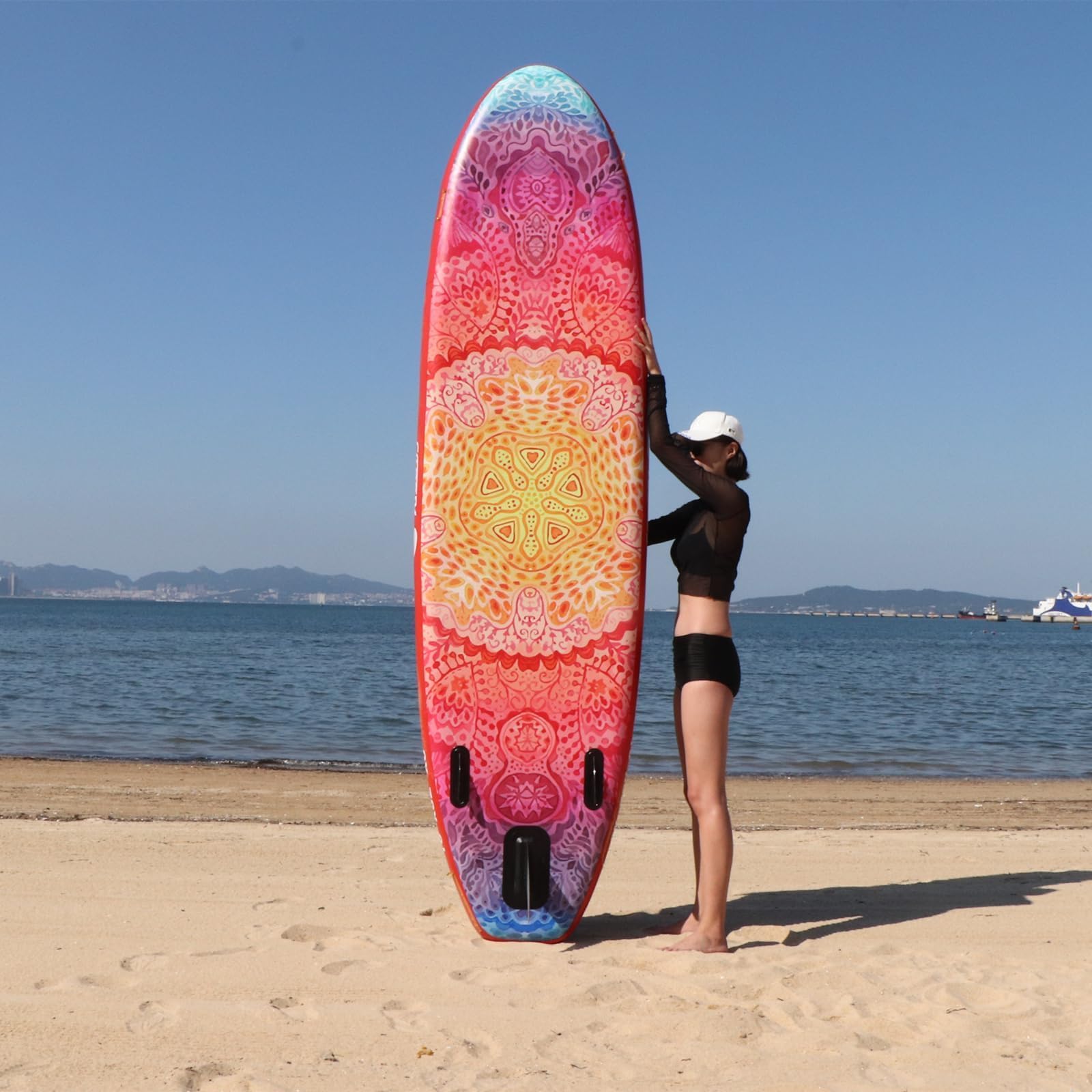 AISUNSS SUP Board 3m Premium Yoga iSUP - mit Zubehör rutschfeste Matte, wasserdichte Handytasche, Doppelhub-Pumpe, Alu-Paddel rot