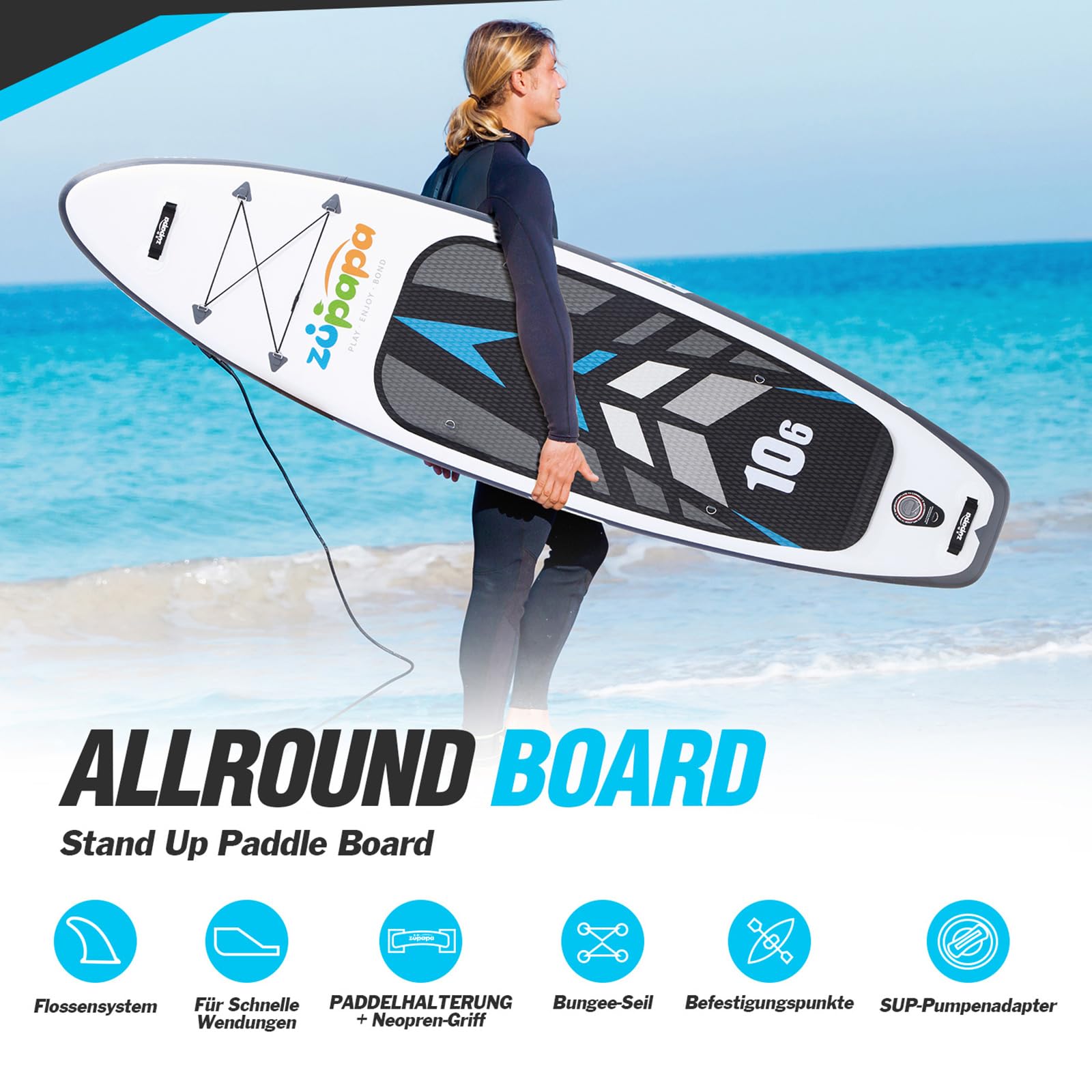 Zupapa Stand Up Paddle Board 10'6 aufblasbar - SUP Set mit Kajak Sitz 82cm breit Zubehör