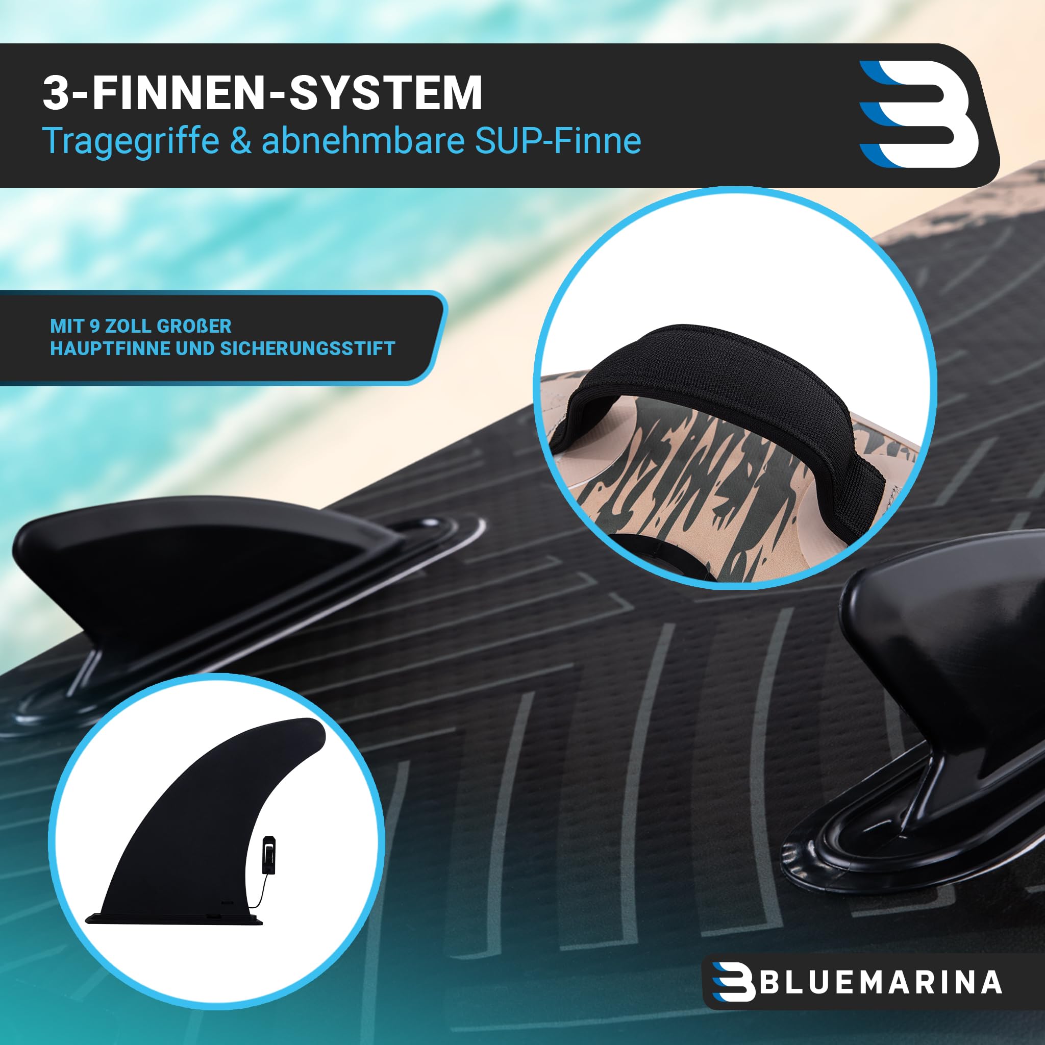 Bluemarina SUP Board aufblasbar - 5 JAHRE GARANTIE - 140kg Tragkraft - 325x86x15cm - Stand Up Paddling Set - Tiki 325cm