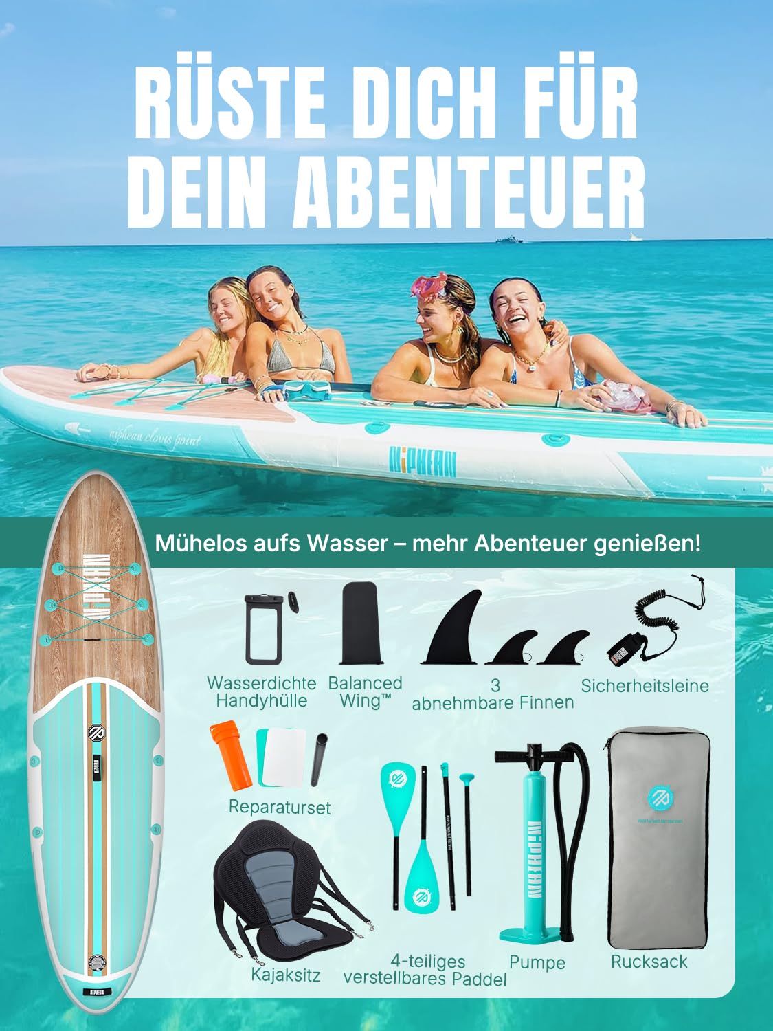 Niphean SUP Board 320cm für Erwachsene - Stand Up Paddle mit Zubehör Sitz 200kg Tragkraft 2 Personen alle Fähigkeitsniveaus