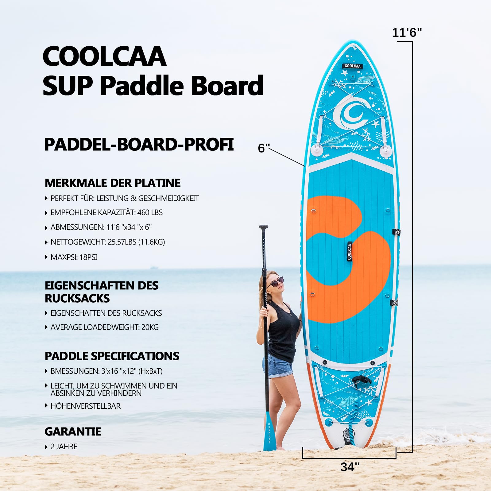 Premium SUP Board aufblasbar komplett Set - Stand Up Paddle Flossen Knochleine Pumpe Paddel Rucksack Erwachsene 210kg