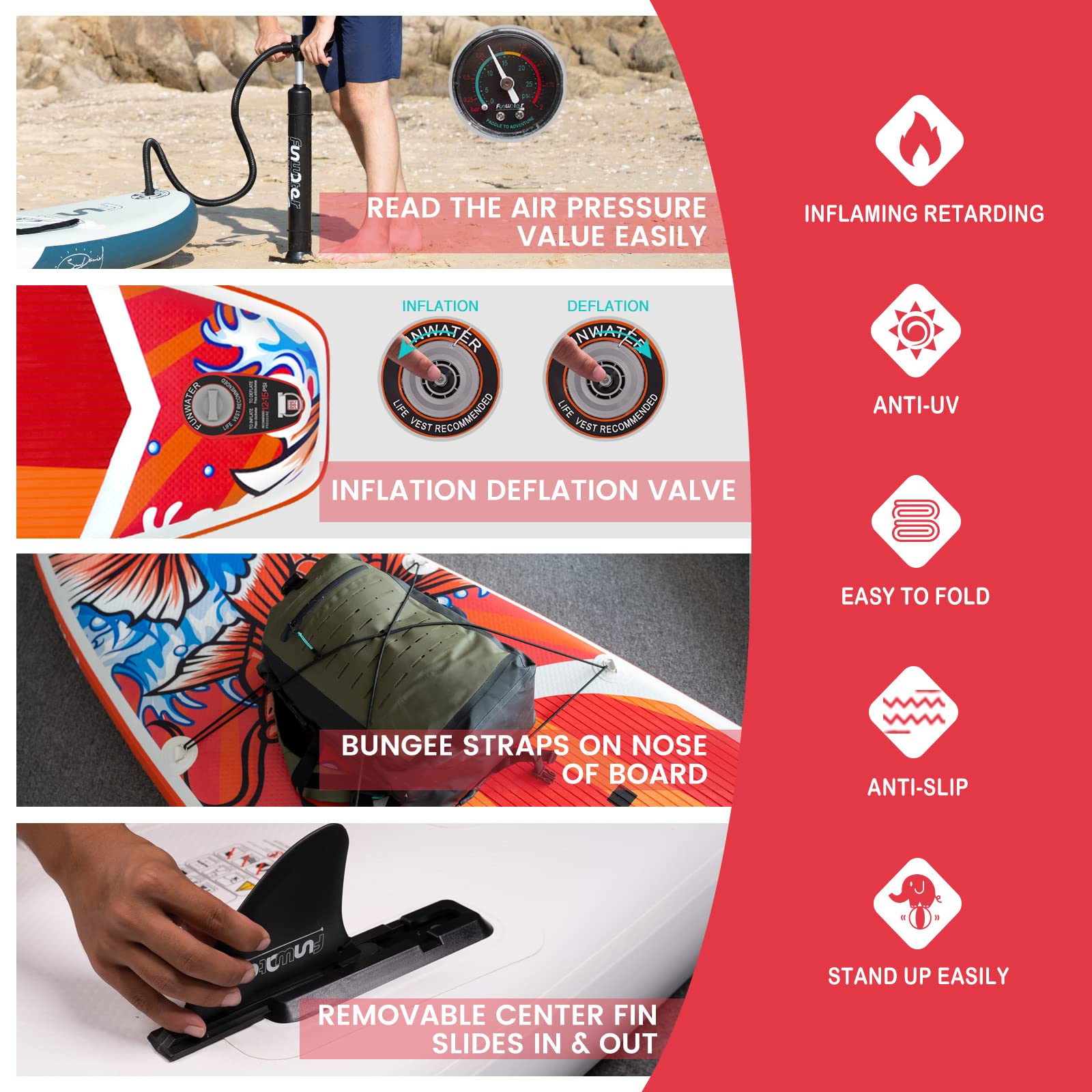 FunWater Aufblasbares SUP Board - Komplettes Set mit Paddel, Pumpe, Reiserucksack, Leine & wasserdichter Tasche - Erwachsene - Rot