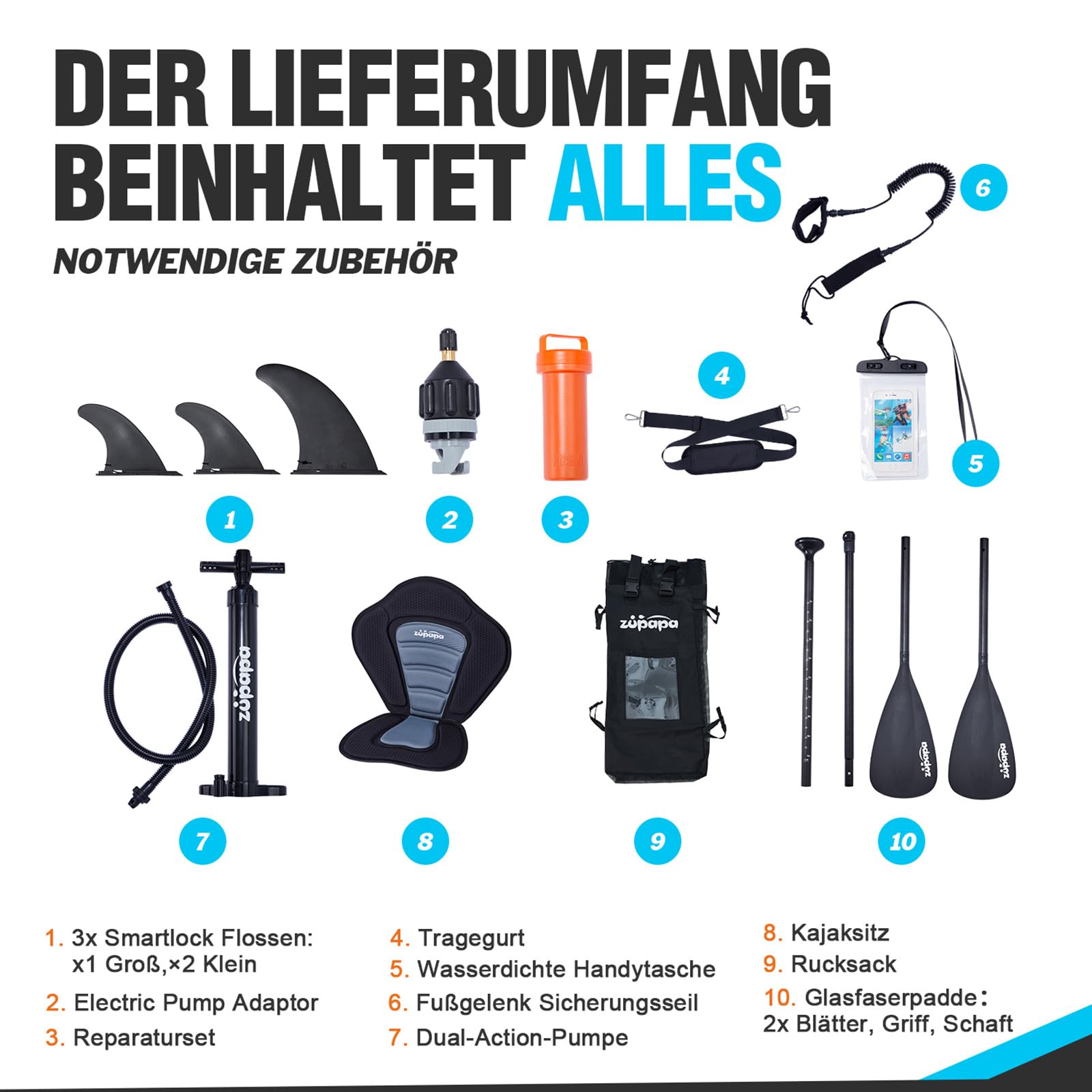 Zupapa Stand Up Paddle Board 10'6 aufblasbar - SUP Set mit Kajak Sitz 82cm breit Zubehör