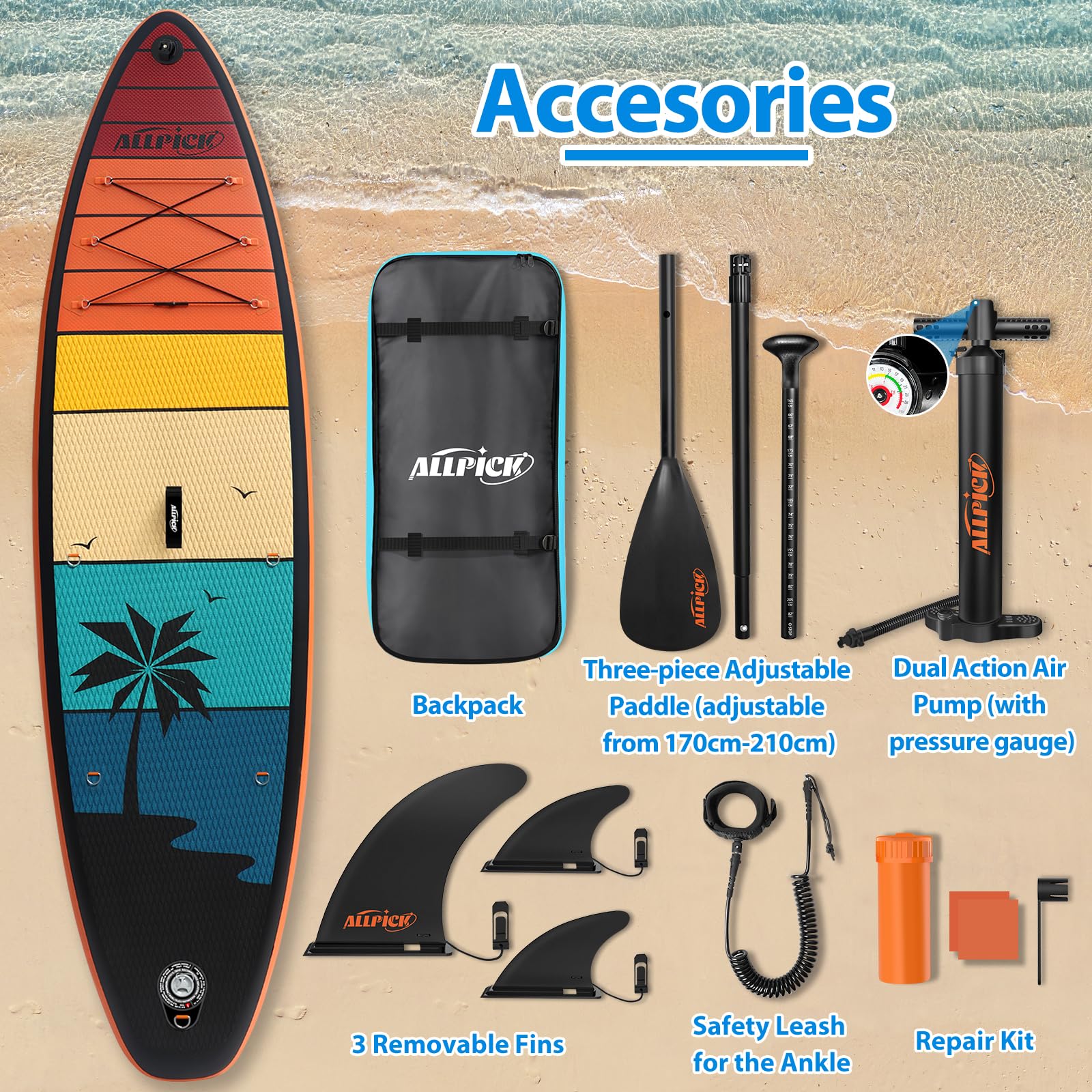 ALLPICK Premium SUP Board aufblasbar Set - Stand Up Paddle Kamerahalterung verstellbares Paddel 150kg/180kg OrangeAbendröte