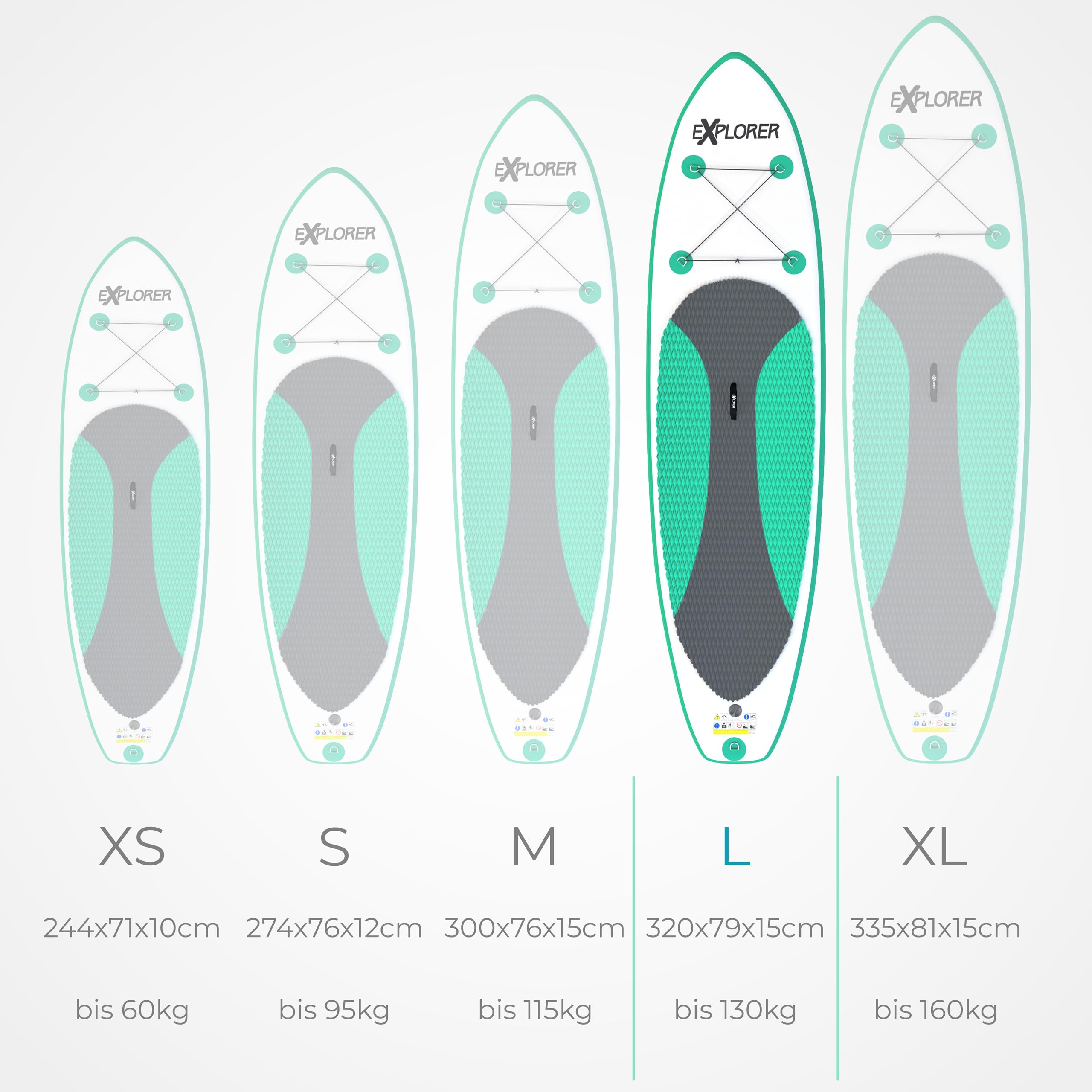 EXPLORER SUP L Stand Up Paddling Board Mint 320x79x15cm bis 130kg Komplettset mit Alu-Paddel, Rucksack, Pumpe, Finne und Flickenset