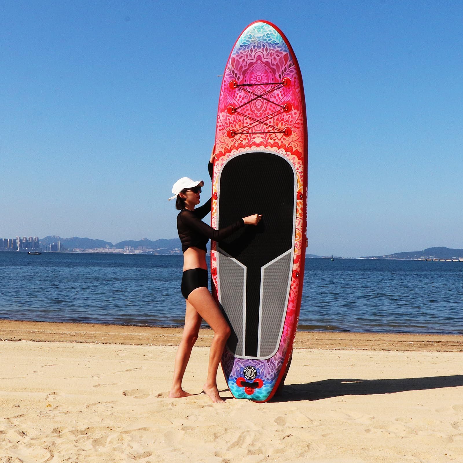 AISUNSS SUP Board 3m Premium Yoga iSUP - mit Zubehör rutschfeste Matte, wasserdichte Handytasche, Doppelhub-Pumpe, Alu-Paddel rot