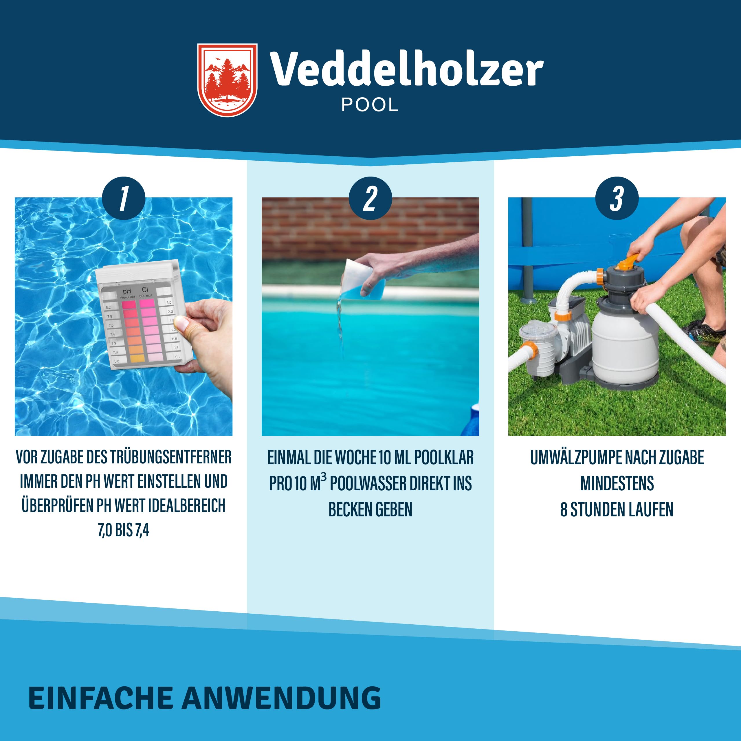 Veddelholzer Poolklar - Kristallklar für Pool, Whirlpool & Planschbecken - Gegen trübes Wasser - Für alle Filterarten geeignet