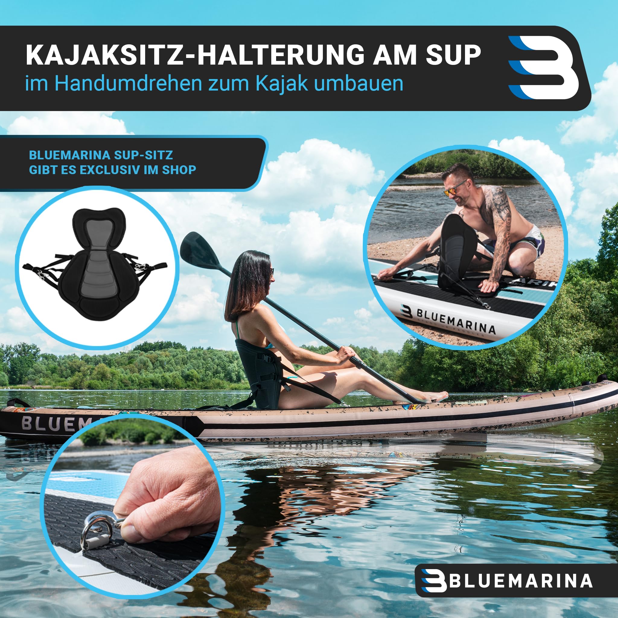Bluemarina SUP Board aufblasbar - 5 JAHRE GARANTIE - 140kg Tragkraft - 325x86x15cm - Stand Up Paddling Set - Tiki 325cm