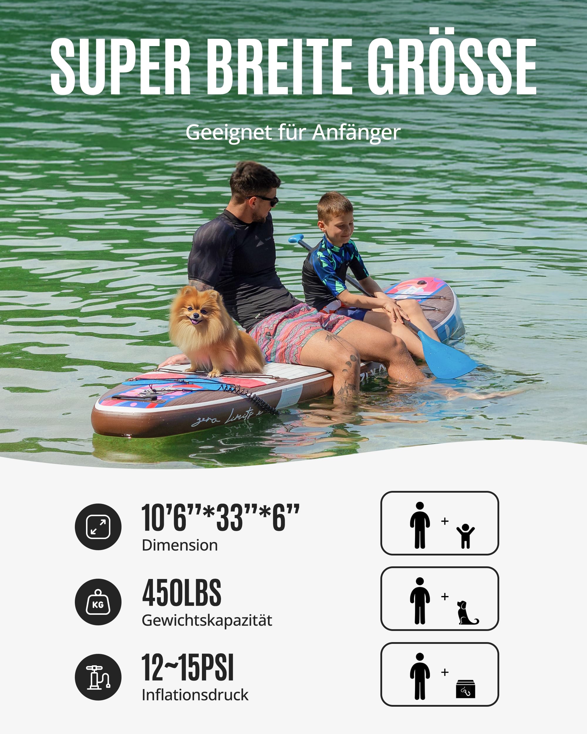 ZLX SUP Board mit Sitz 320cm - Aufblasbares Paddle Board für Erwachsene & Familien - Anfängerfreundlich - Anti-Rutsch Deck - Mit Pumpe