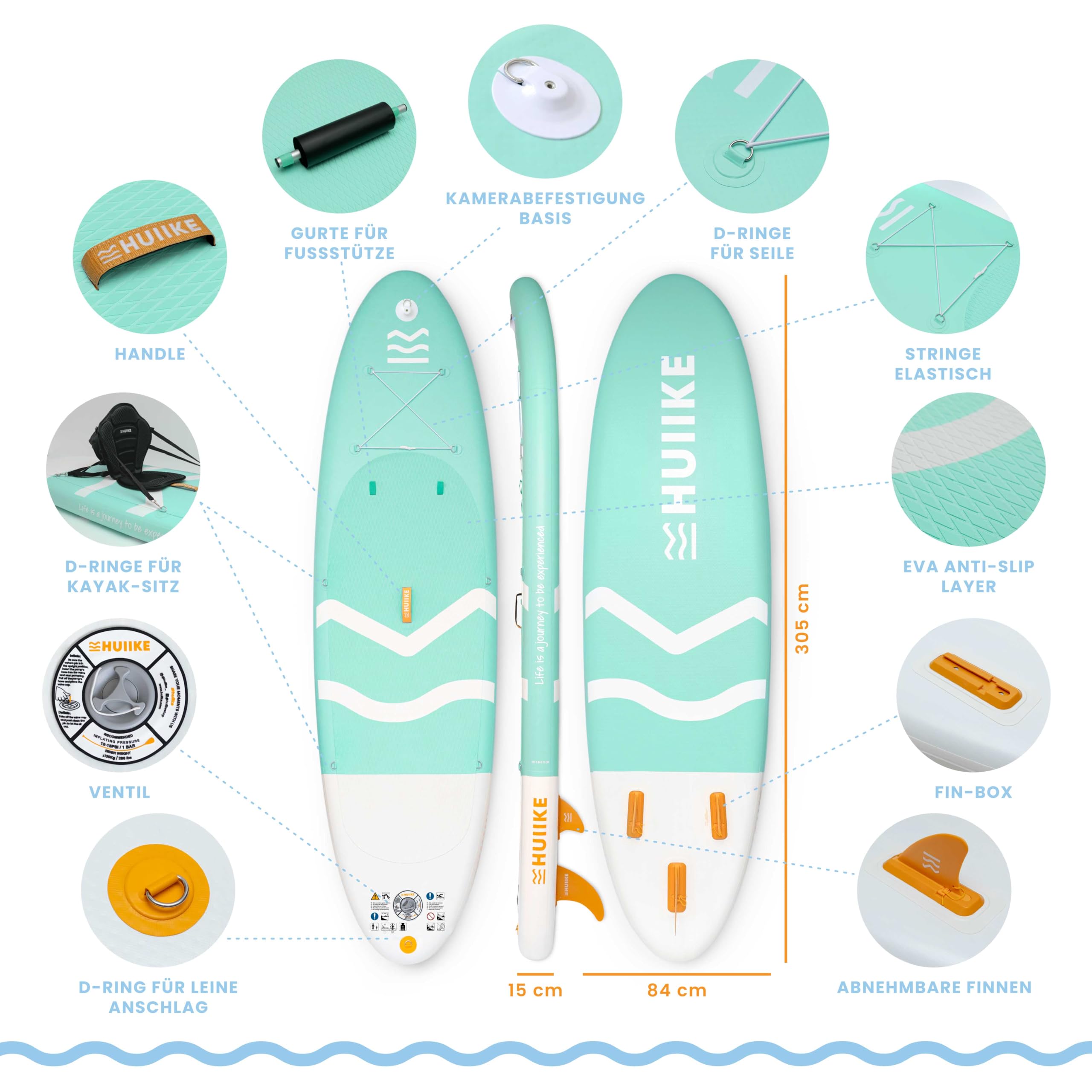 HUIIKE SUP Board 305cm aufblasbar komplett Set - Stand Up Paddle Zubehör Paddel Finnen Pumpe 130kg