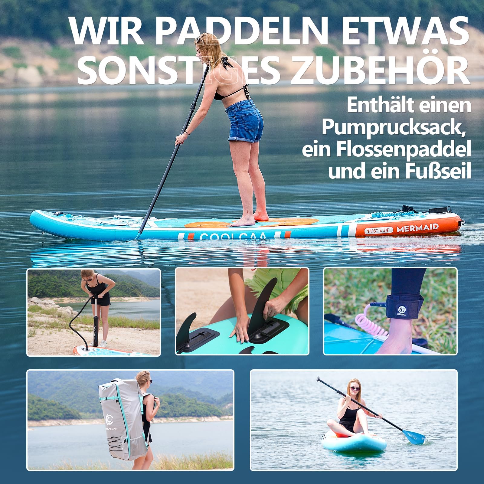 COOLCAA SUP Board 354x86x15cm - Premium Zubehör, 210kg Tragkraft, Stand Up Paddle für Erwachsene & Jugendliche alle Niveaus