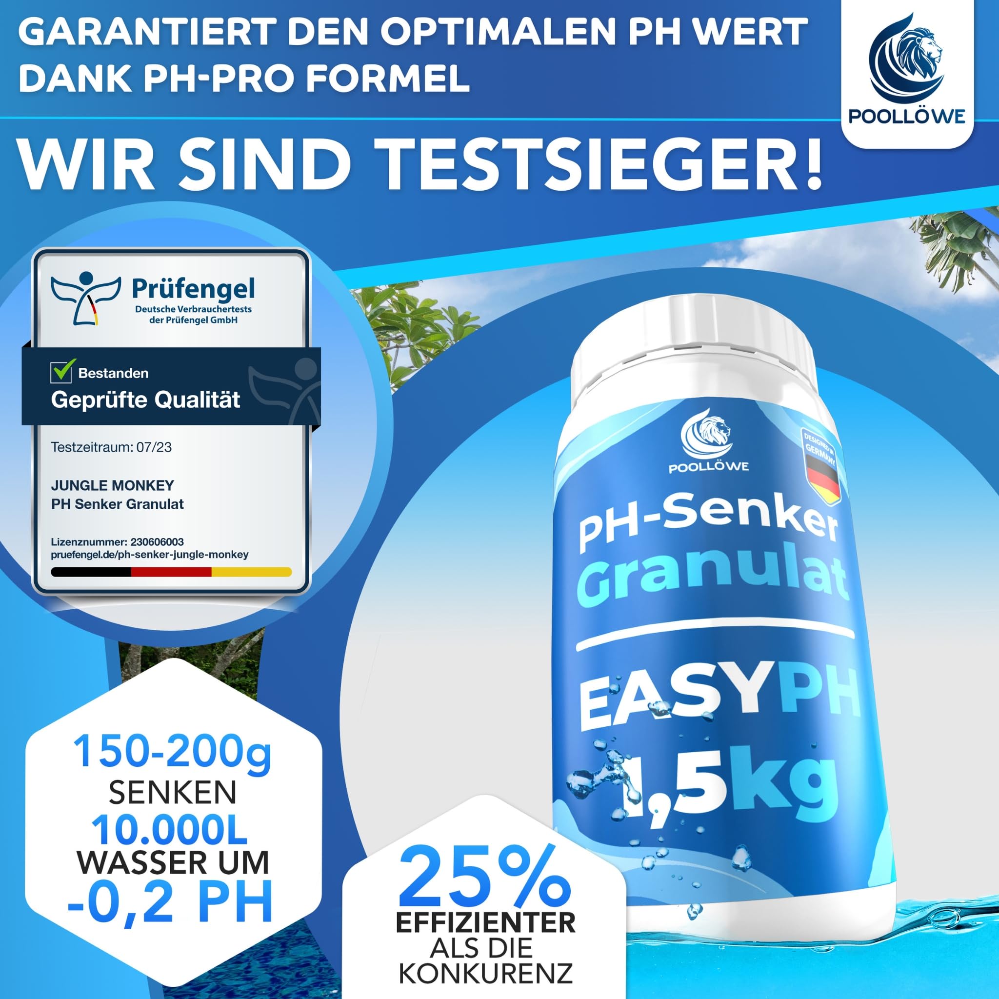 PoolLöwe PH Minus Granulat 1,5KG - PH-Wert Senker für Pool & Whirlpool mit Stabilisator - Extra Sicher & Effizient