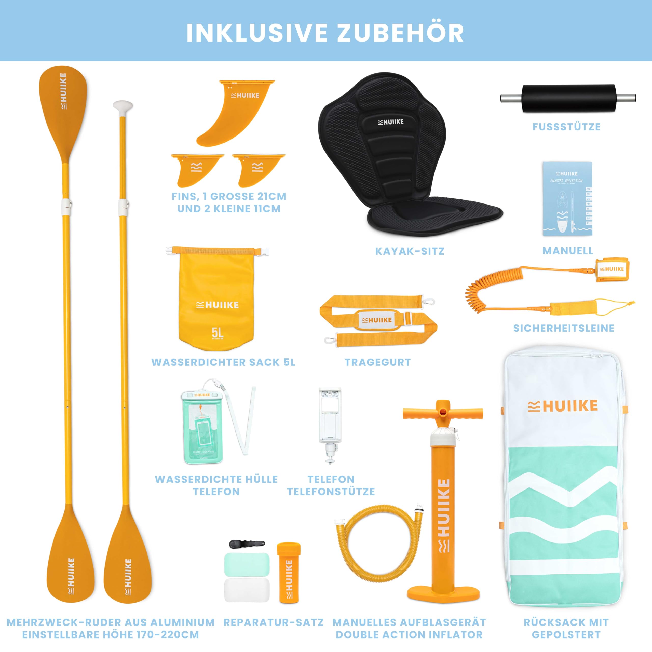 HUIIKE SUP Board 305cm aufblasbar komplett Set - Stand Up Paddle Zubehör Paddel Finnen Pumpe 130kg