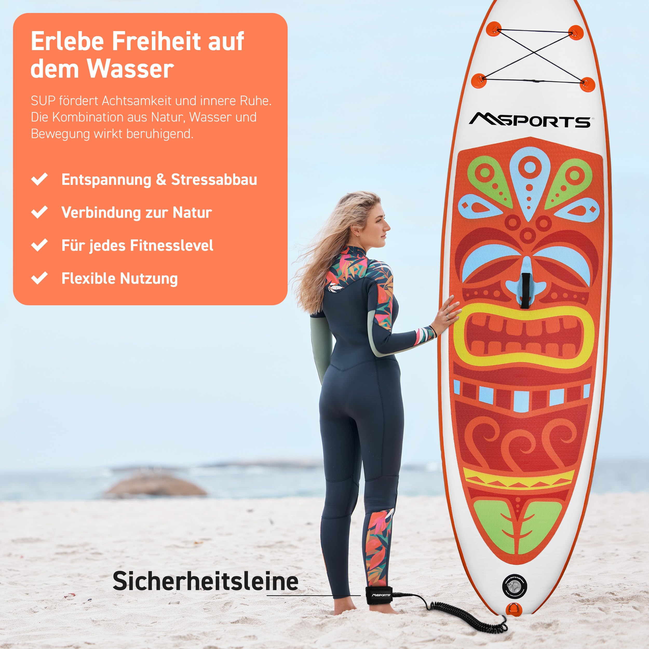 MSPORTS SUP Board aufblasbar - Stand Up Paddle komplettes Set verstellbares Paddel hochwertige Pumpe 2x Paddelstock wasserdichte Tasche