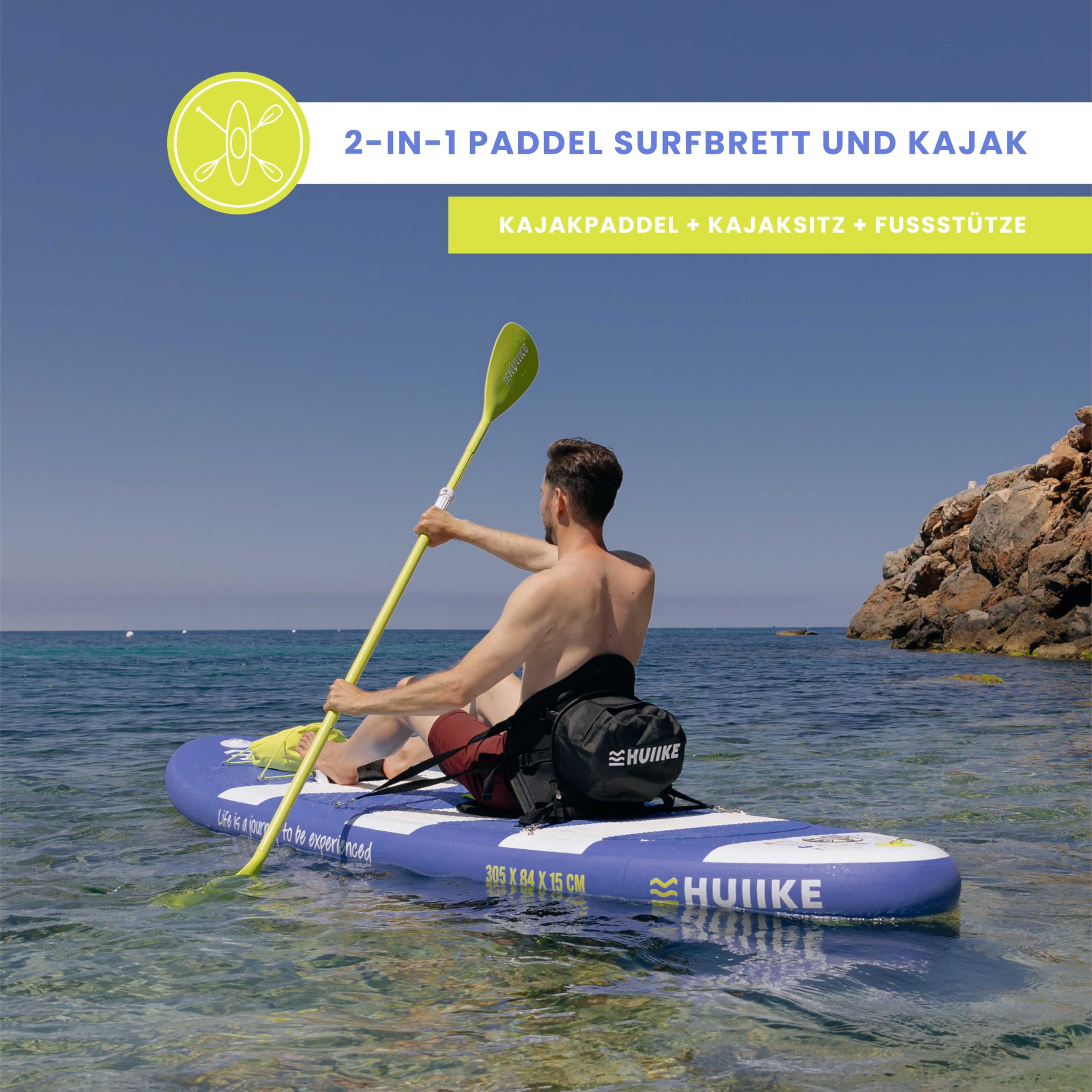 HUIIKE SUP Board aufblasbar 305x84x15cm mit Zubehör - Stand Up Paddle Paddel Finnen Pumpe, hohe Stabilität 130kg Belastbarkeit