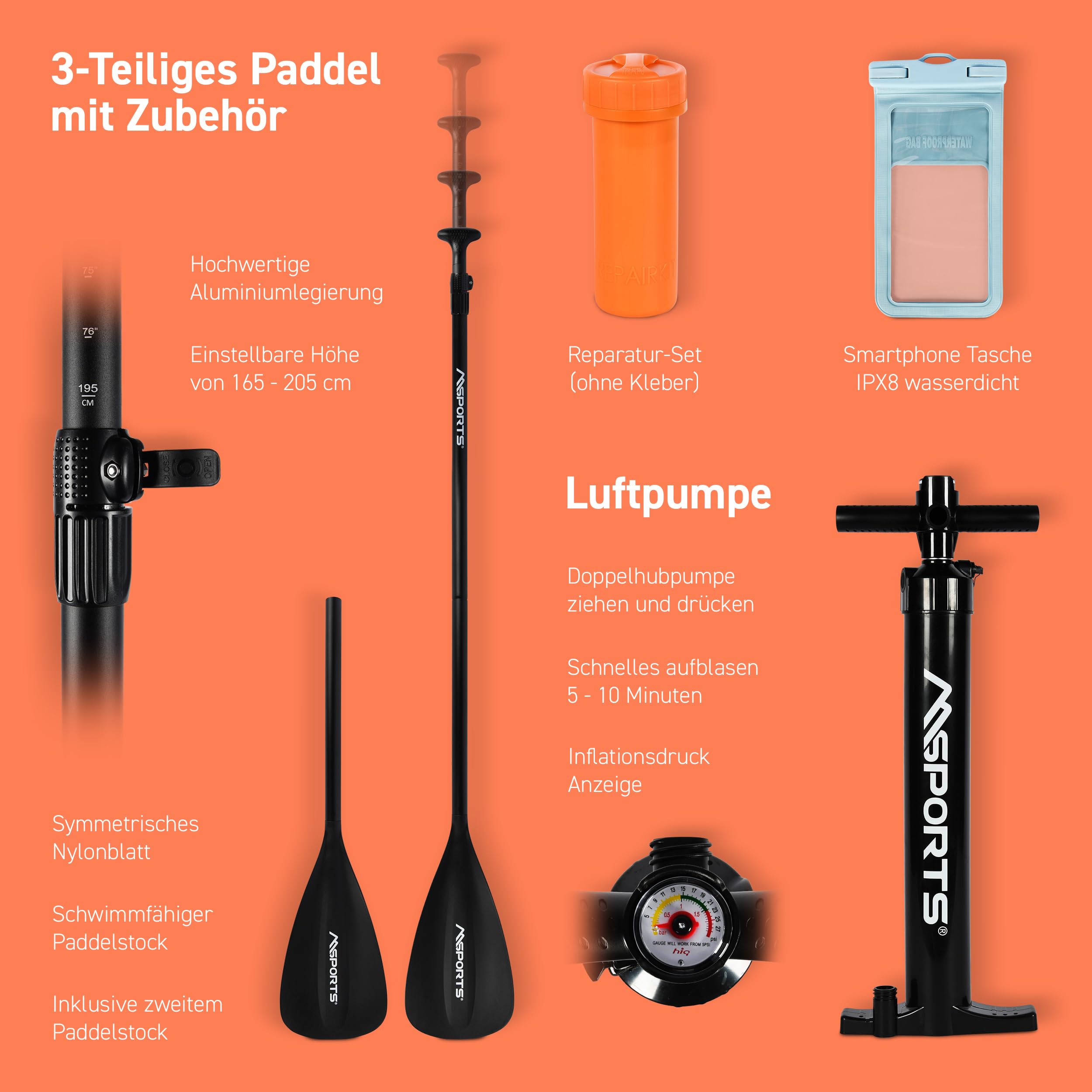 MSPORTS SUP Board aufblasbar - Stand Up Paddle komplettes Set verstellbares Paddel hochwertige Pumpe 2x Paddelstock wasserdichte Tasche