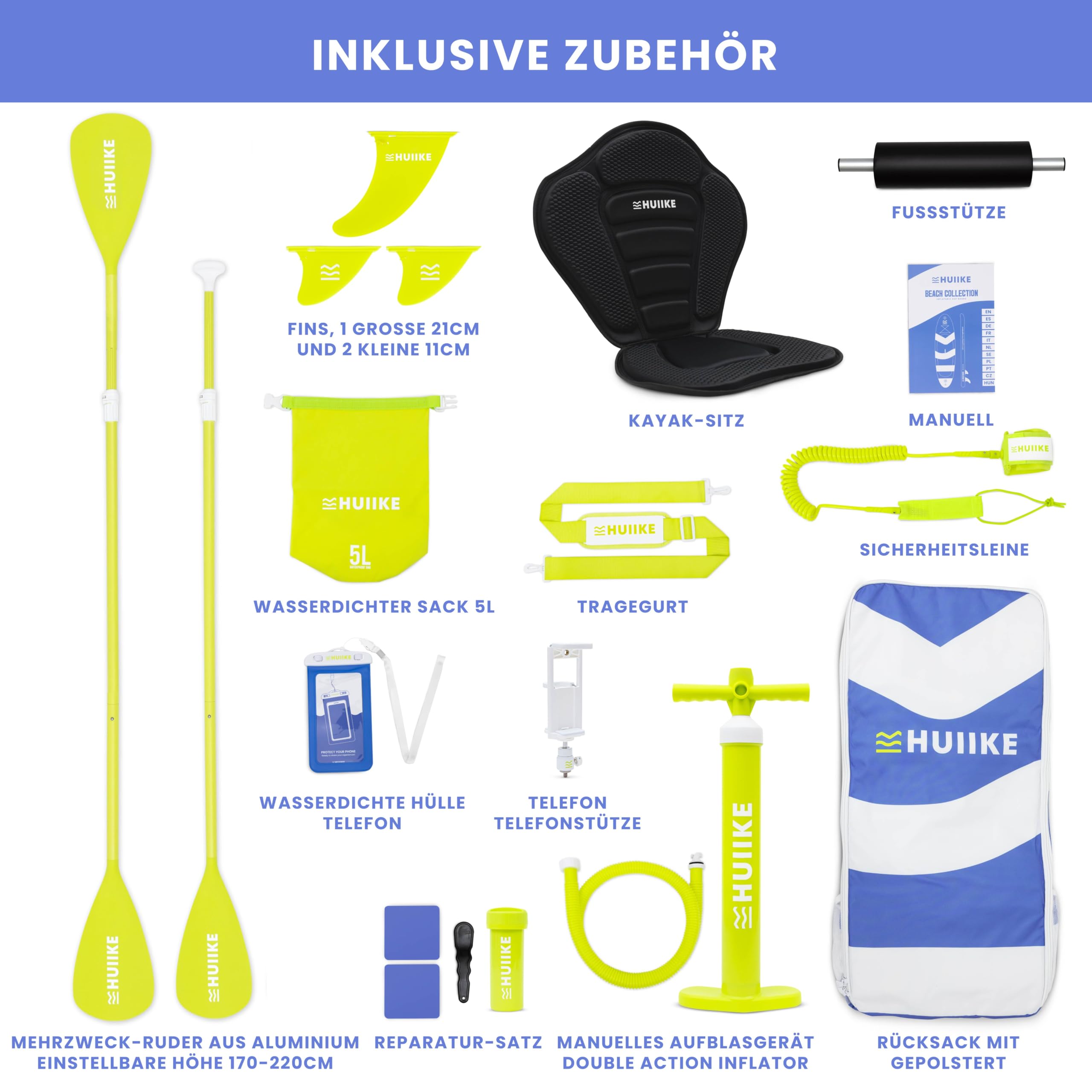 HUIIKE SUP Board aufblasbar 305x84x15cm mit Zubehör - Stand Up Paddle Paddel Finnen Pumpe, hohe Stabilität 130kg Belastbarkeit