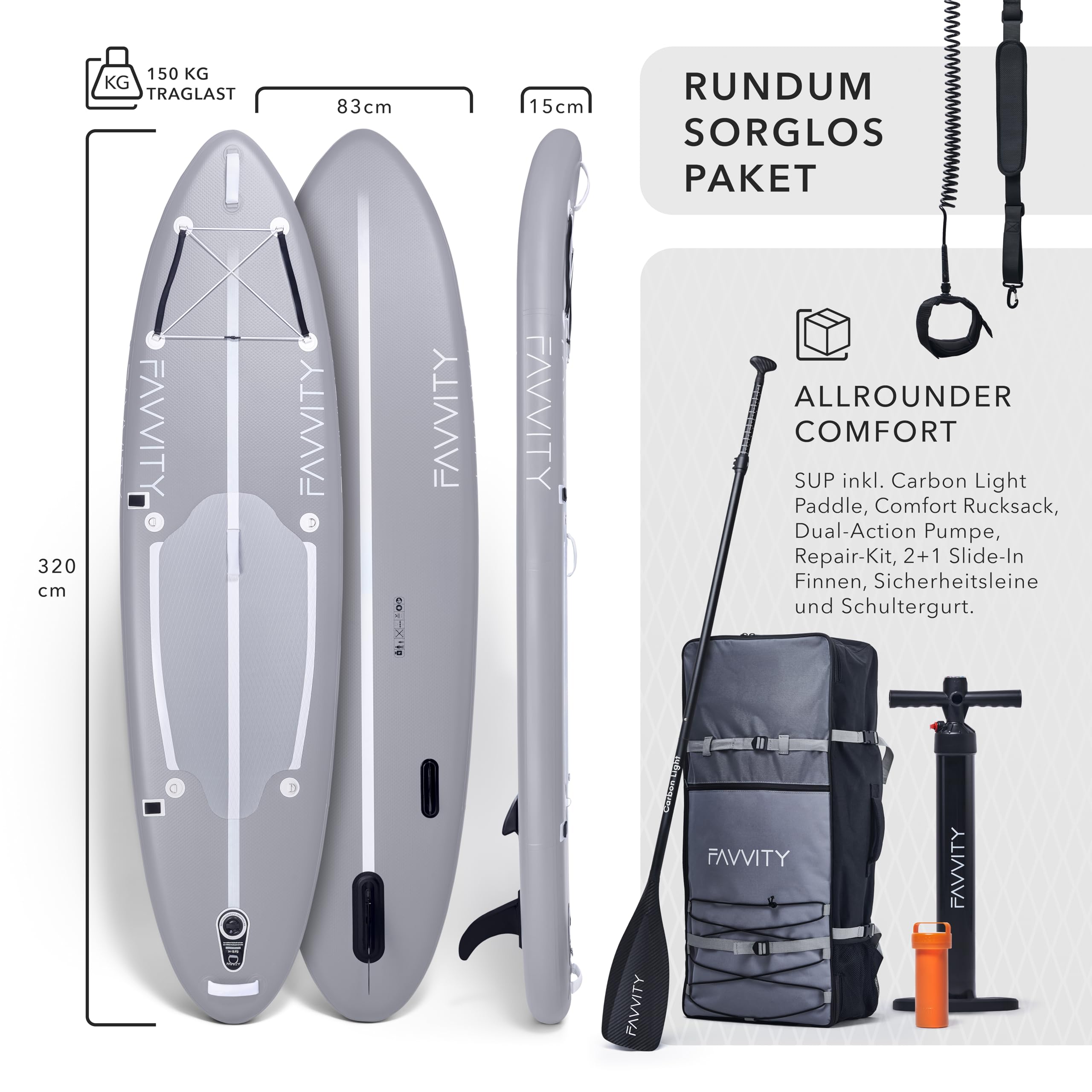 FAVVITY Aufblasbares SUP Board - 7 Jahre Garantie, ultraleicht, Halb-Carbon, 150kg Tragkraft, Allrounder Stand-up Paddle Set