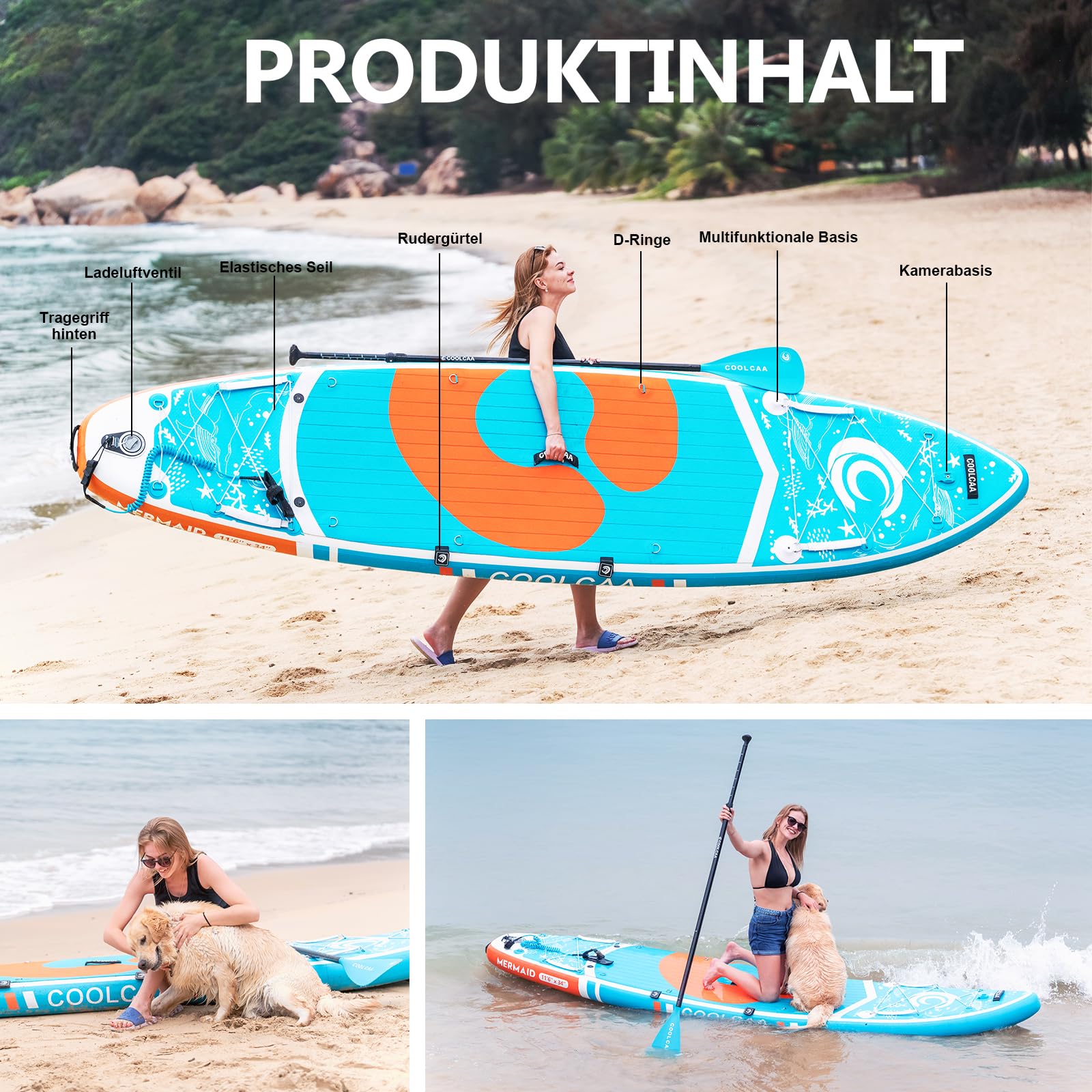 Premium SUP Board aufblasbar komplett Set - Stand Up Paddle Flossen Knochleine Pumpe Paddel Rucksack Erwachsene 210kg