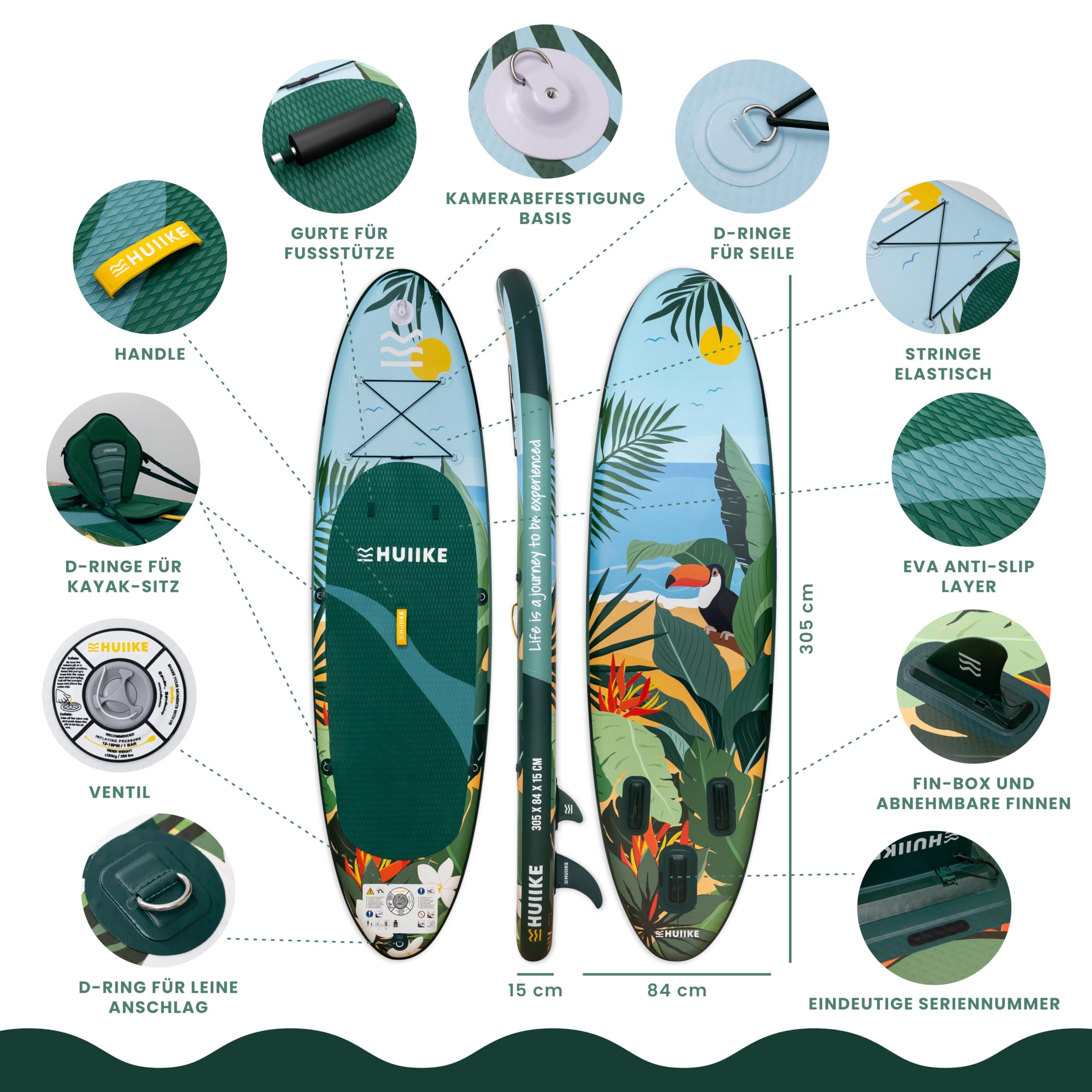 HUIIKE SUP Board aufblasbar mit Zubehör - 305x84x15cm - Belastbar bis 130kg - Hohe Stabilität - Inkl. Paddel, Finnen, Pumpe