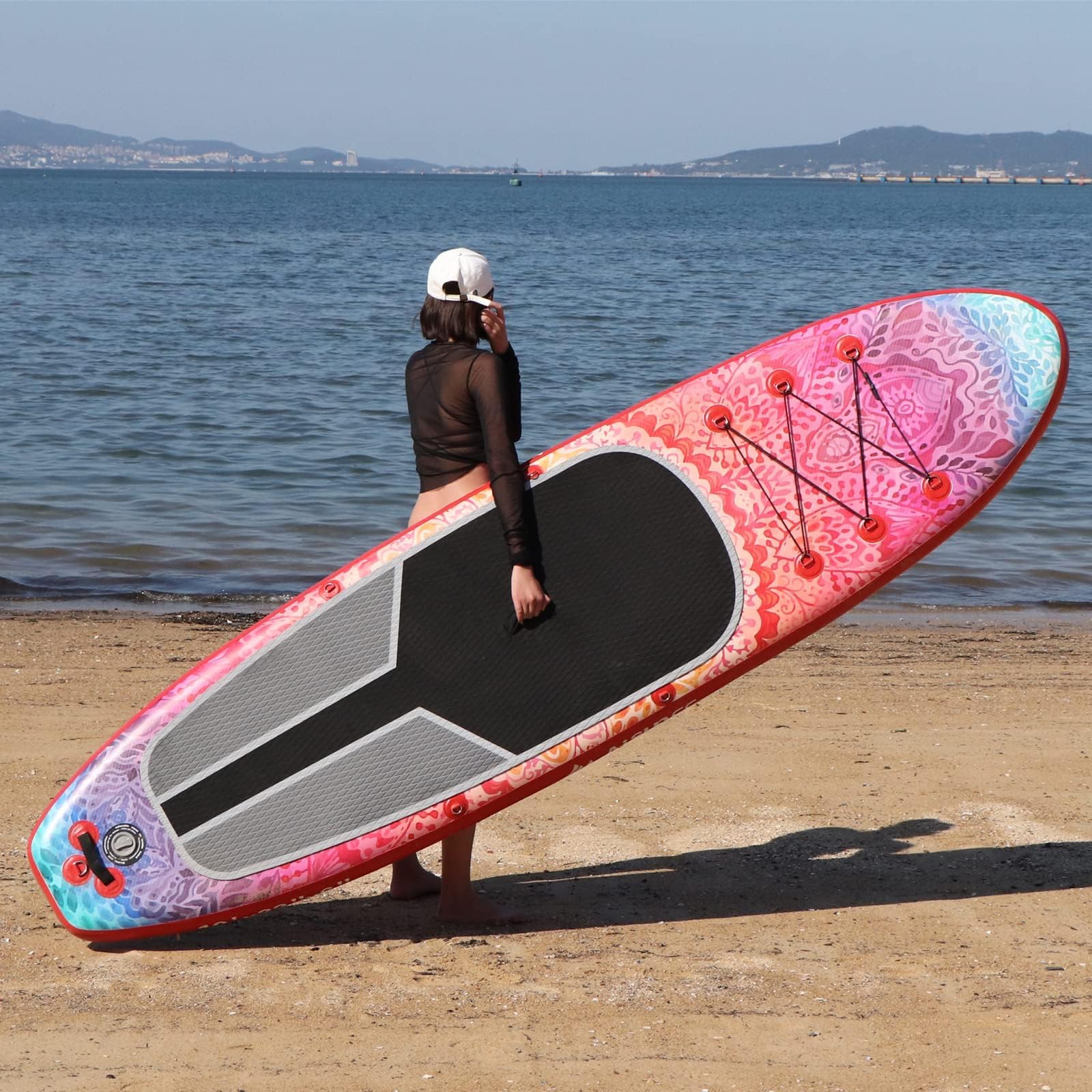 AISUNSS SUP Board 3m Premium Yoga iSUP - mit Zubehör rutschfeste Matte, wasserdichte Handytasche, Doppelhub-Pumpe, Alu-Paddel rot