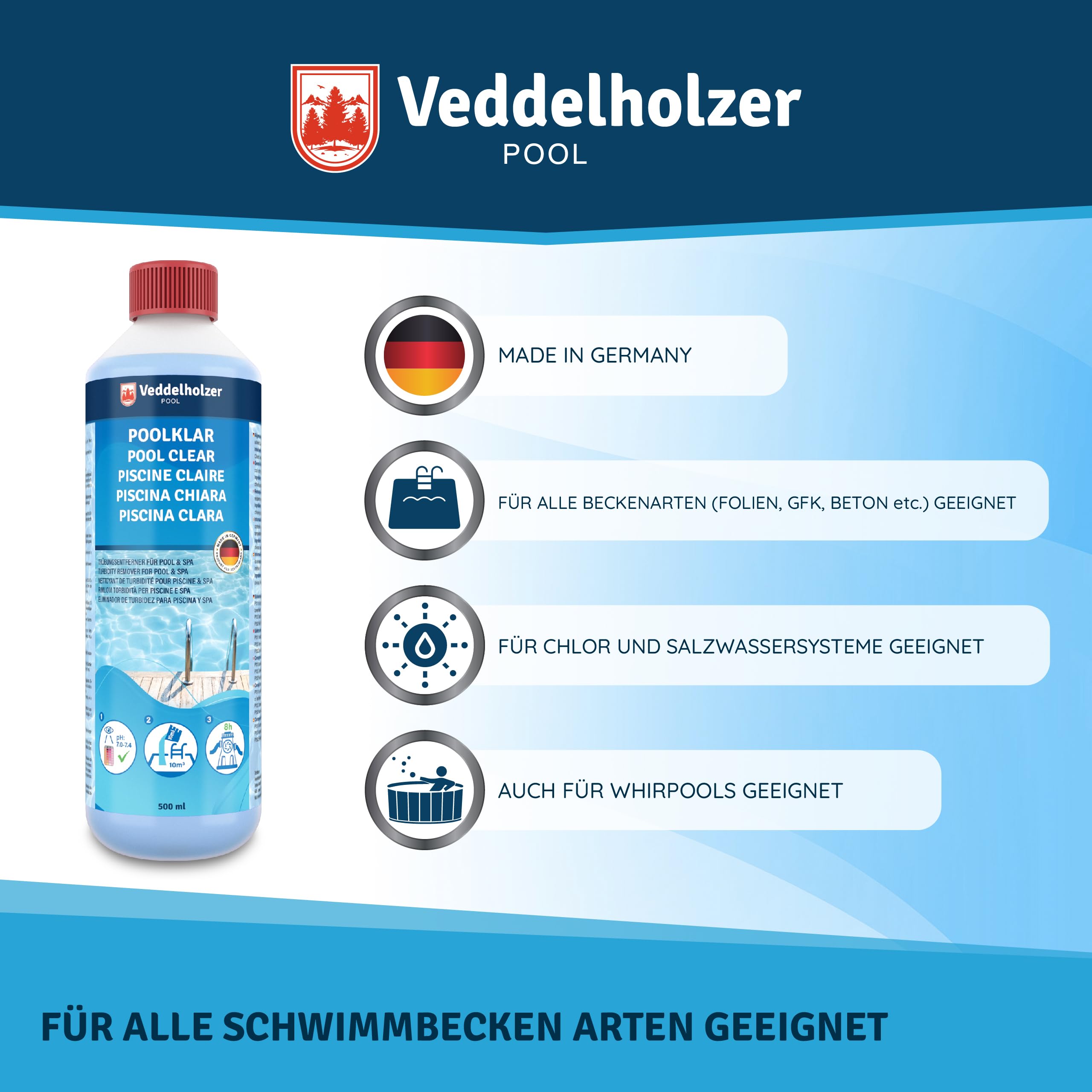 Veddelholzer Poolklar - Kristallklar für Pool, Whirlpool & Planschbecken - Gegen trübes Wasser - Für alle Filterarten geeignet