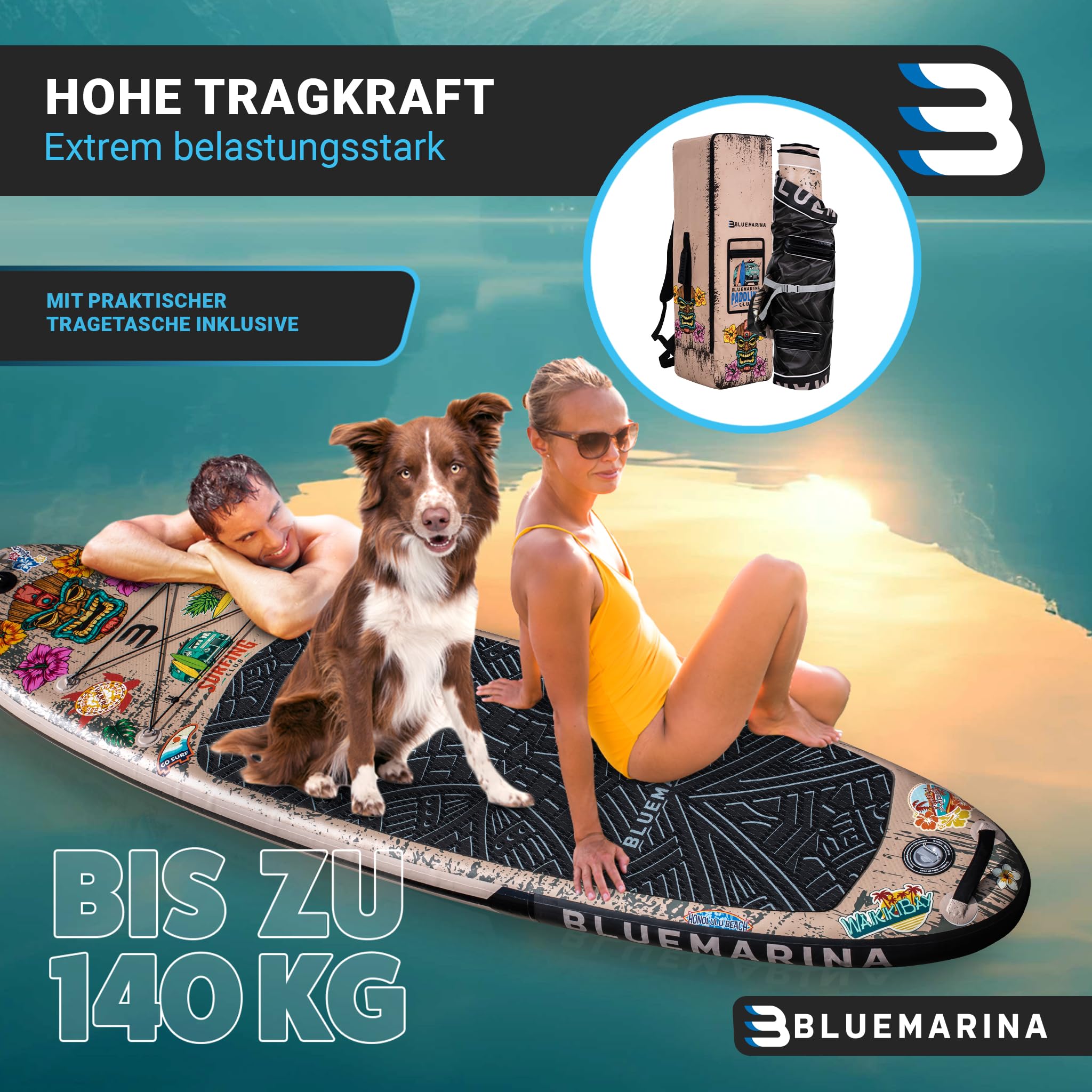 Bluemarina SUP Board aufblasbar - 5 JAHRE GARANTIE - 140kg Tragkraft - 325x86x15cm - Stand Up Paddling Set - Tiki 325cm