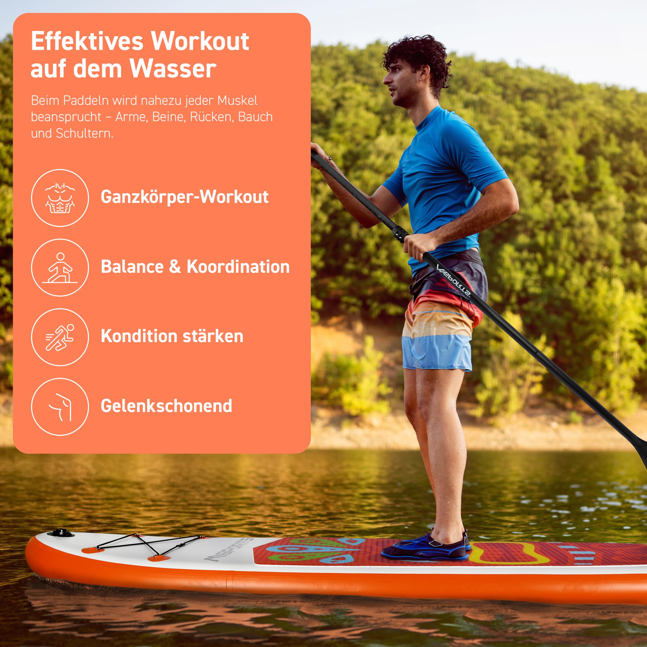 MSPORTS SUP Board aufblasbar - Stand Up Paddle komplettes Set verstellbares Paddel hochwertige Pumpe 2x Paddelstock wasserdichte Tasche