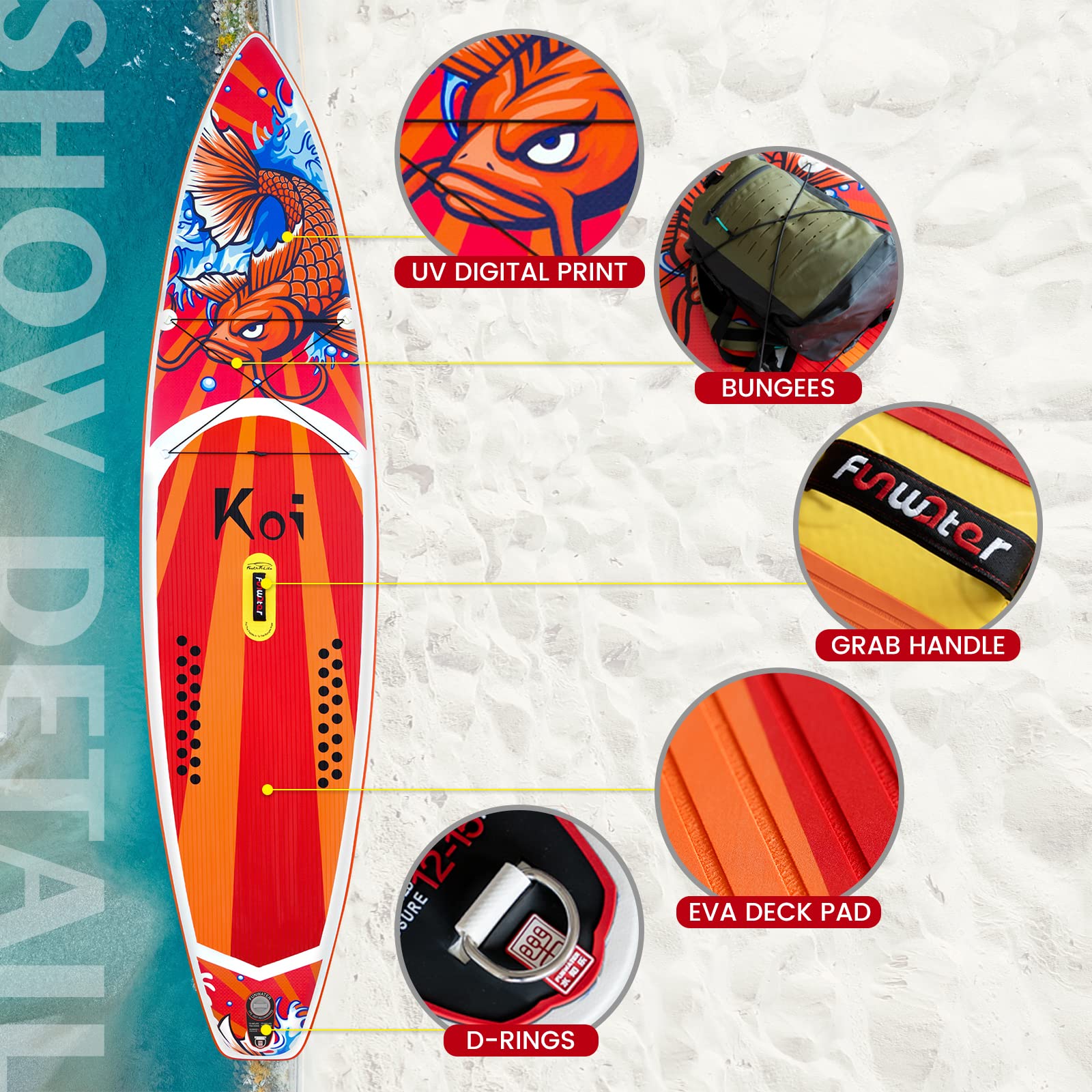 FunWater Aufblasbares SUP Board - Komplettes Set mit Paddel, Pumpe, Reiserucksack, Leine & wasserdichter Tasche - Erwachsene - Rot