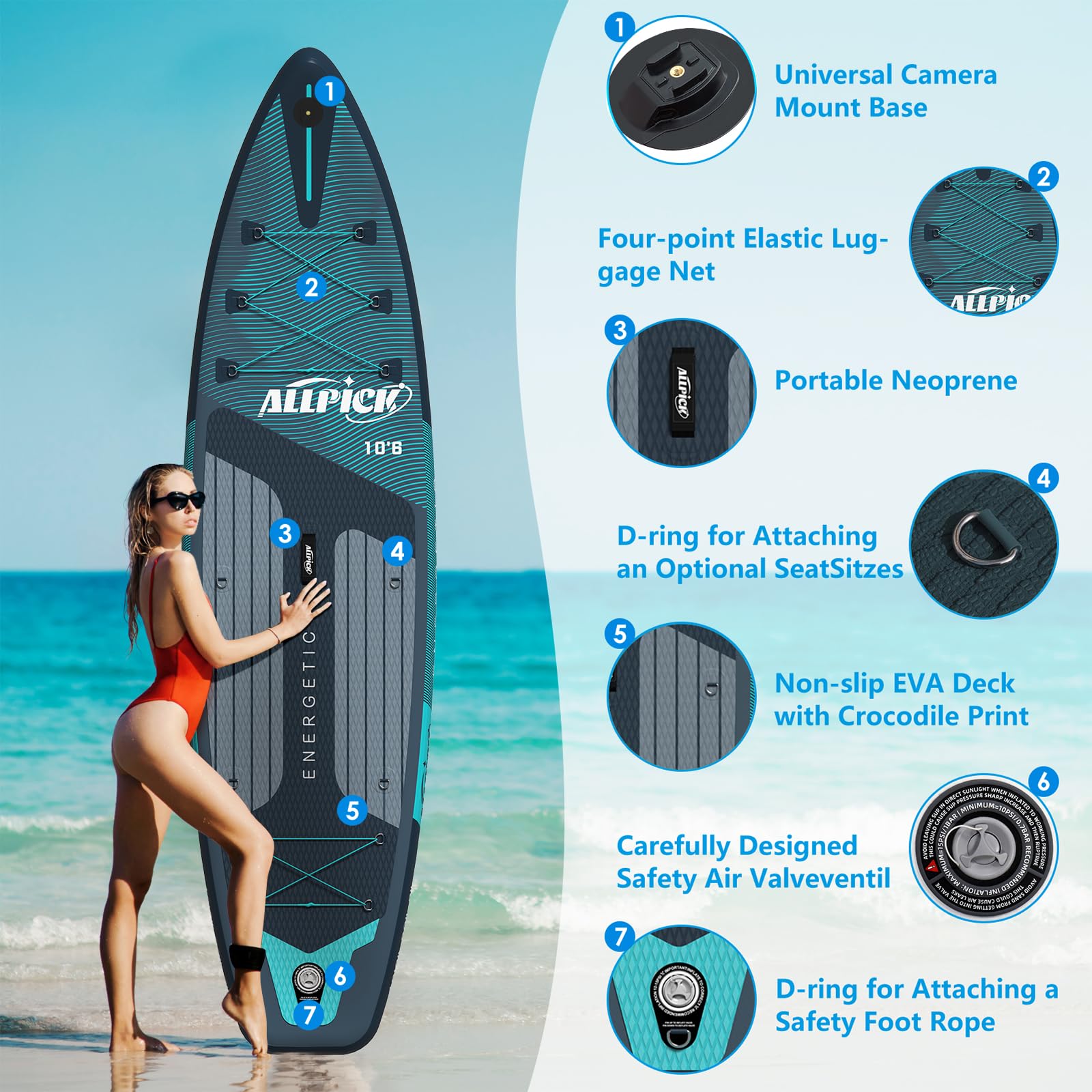 ALLPICK Premium SUP Board aufblasbar - Stand Up Paddle Set mit Kamerahalterung, komplettes Zubehör, verstellbares Paddel, 200kg Premium-Grün