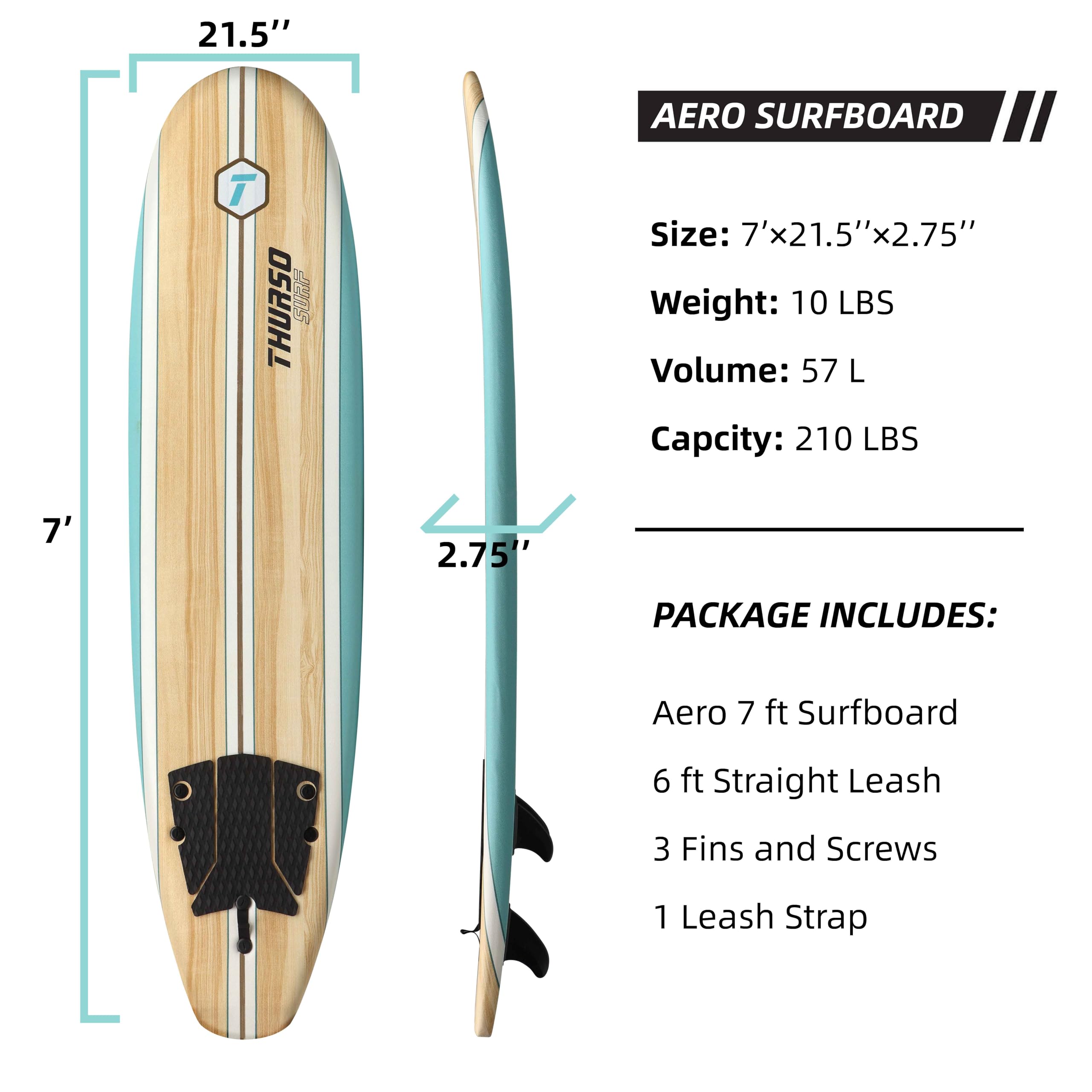 THURSO SURF Aero 2,1m Schaumstoff-Surfbrett für Anfänger - leichtes Shortboard Erwachsene Kinder, langlebig stabil Strandspaß Wassersport