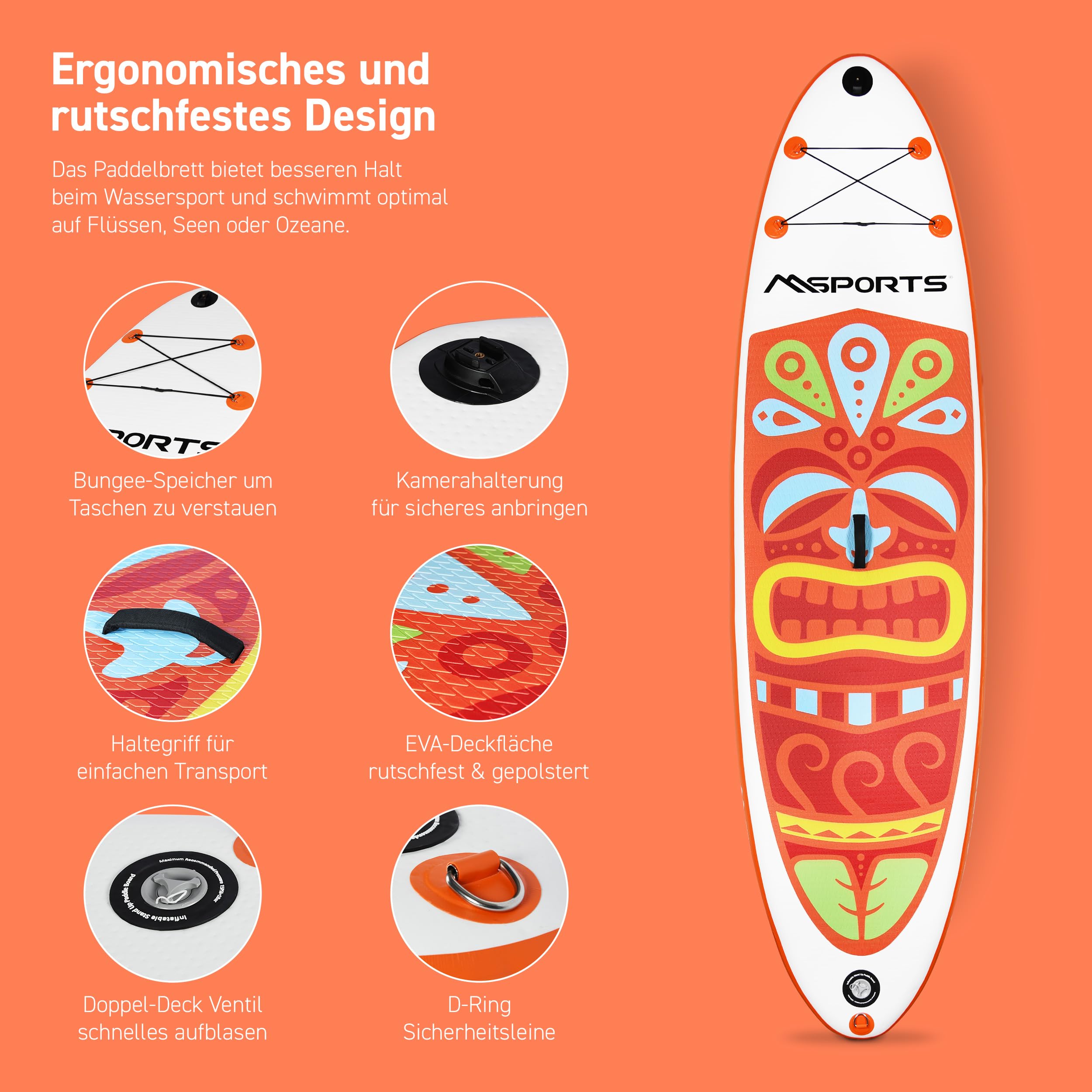 MSPORTS SUP Board aufblasbar - Stand Up Paddle komplettes Set verstellbares Paddel hochwertige Pumpe 2x Paddelstock wasserdichte Tasche