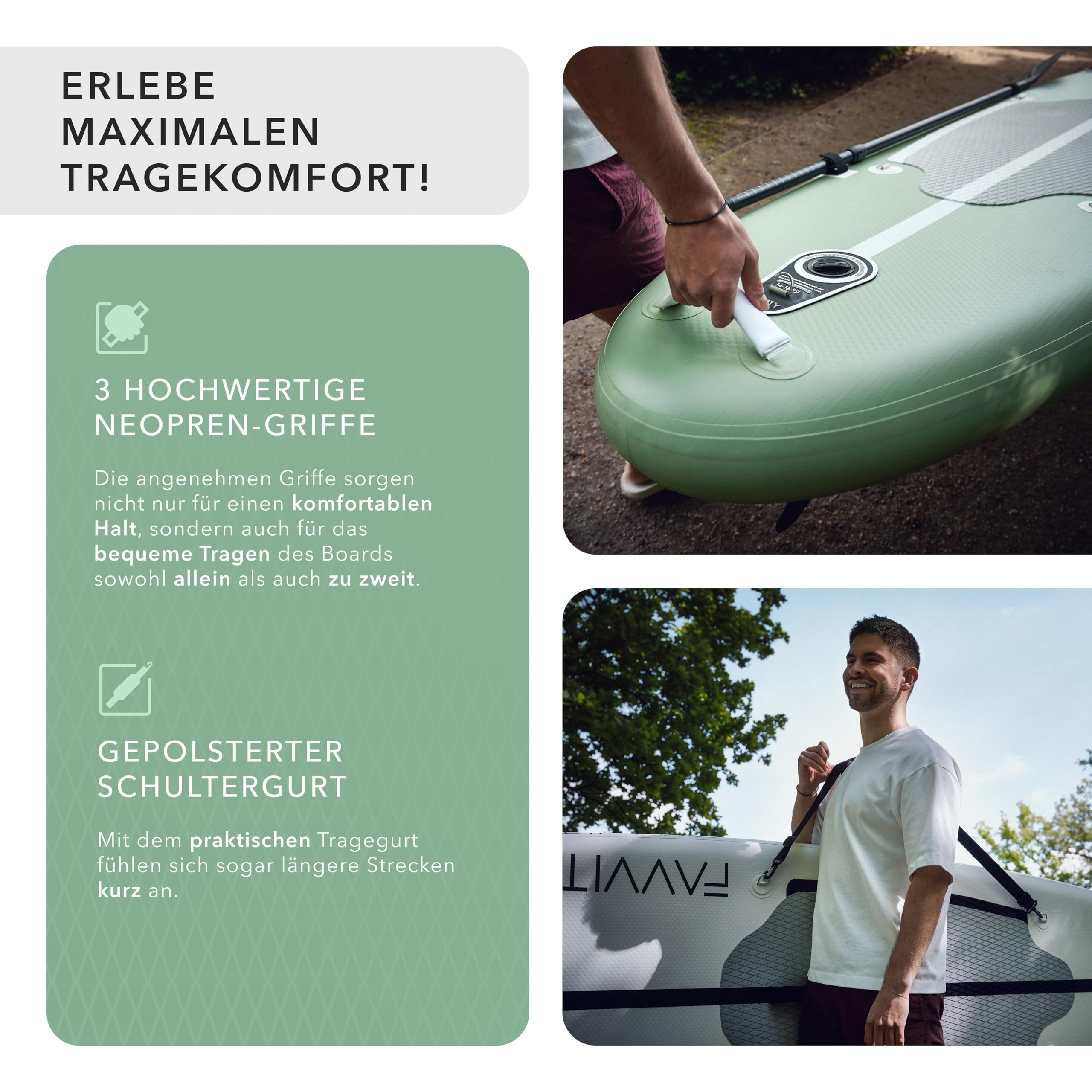 FAVVITY Aufblasbares SUP Board - 7 Jahre Garantie, ultraleicht, Halb-Carbon, 150kg Tragkraft, Allrounder Stand-up Paddle Set
