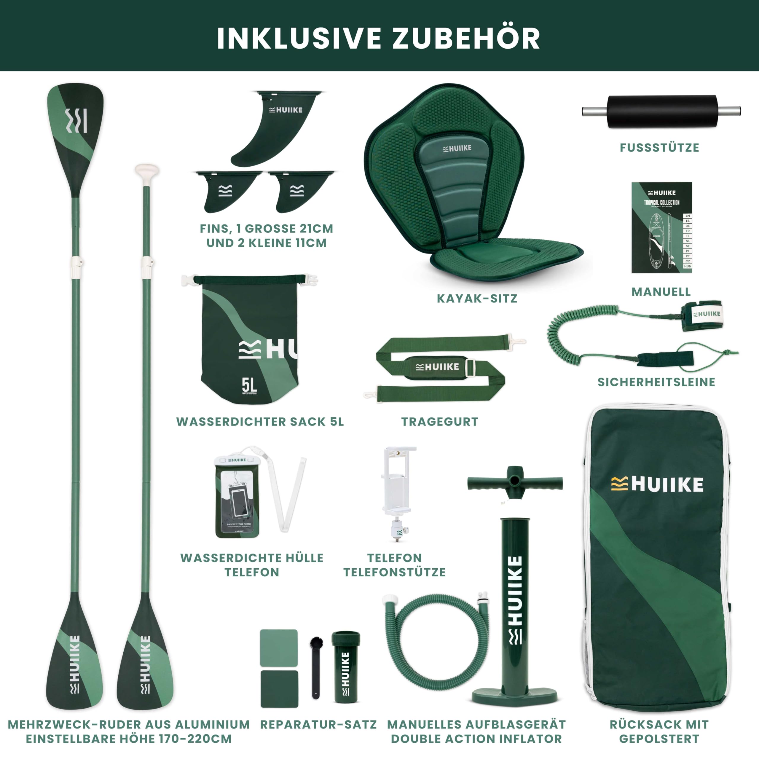 HUIIKE SUP Board aufblasbar mit Zubehör - 305x84x15cm - Belastbar bis 130kg - Hohe Stabilität - Inkl. Paddel, Finnen, Pumpe