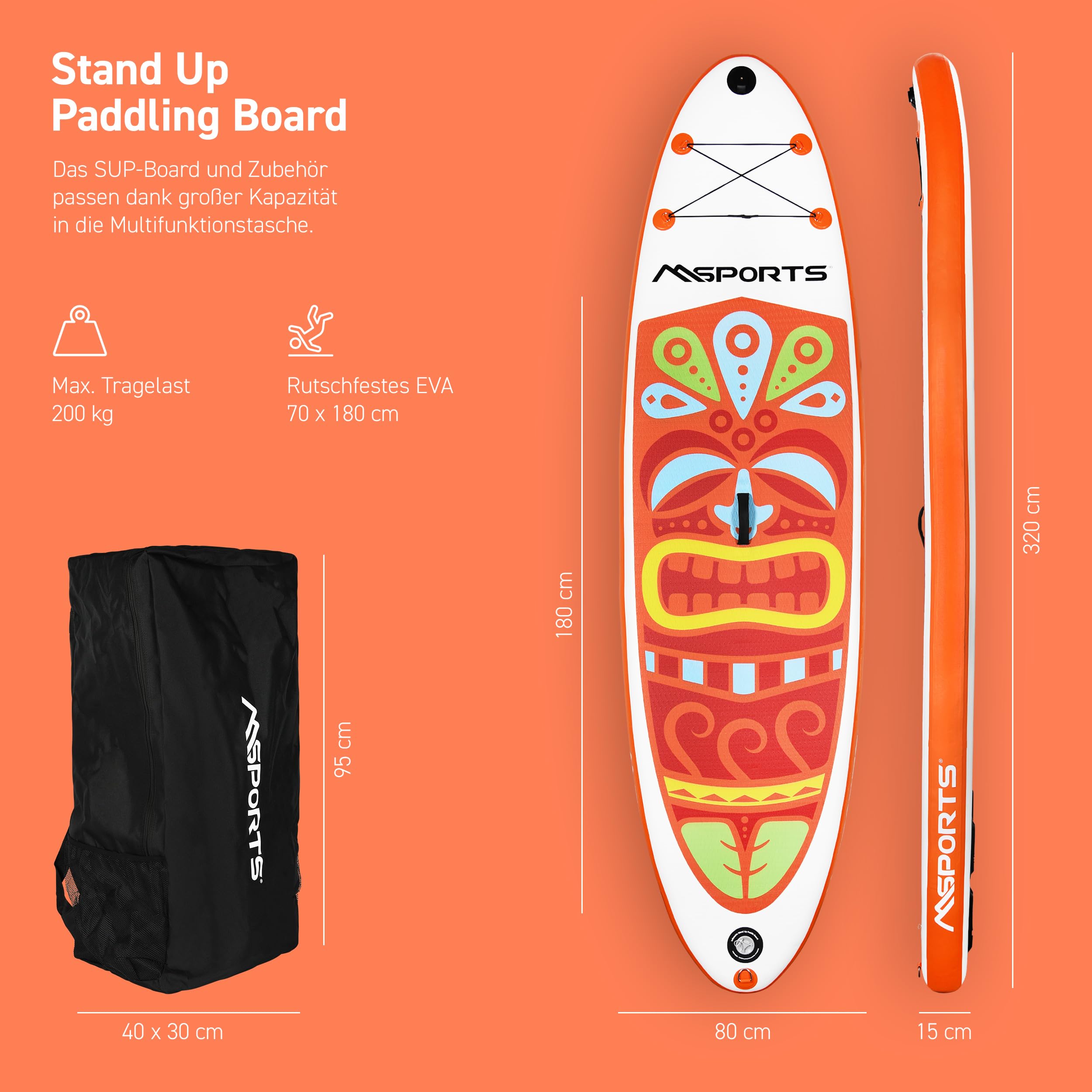 MSPORTS SUP Board aufblasbar - Stand Up Paddle komplettes Set verstellbares Paddel hochwertige Pumpe 2x Paddelstock wasserdichte Tasche