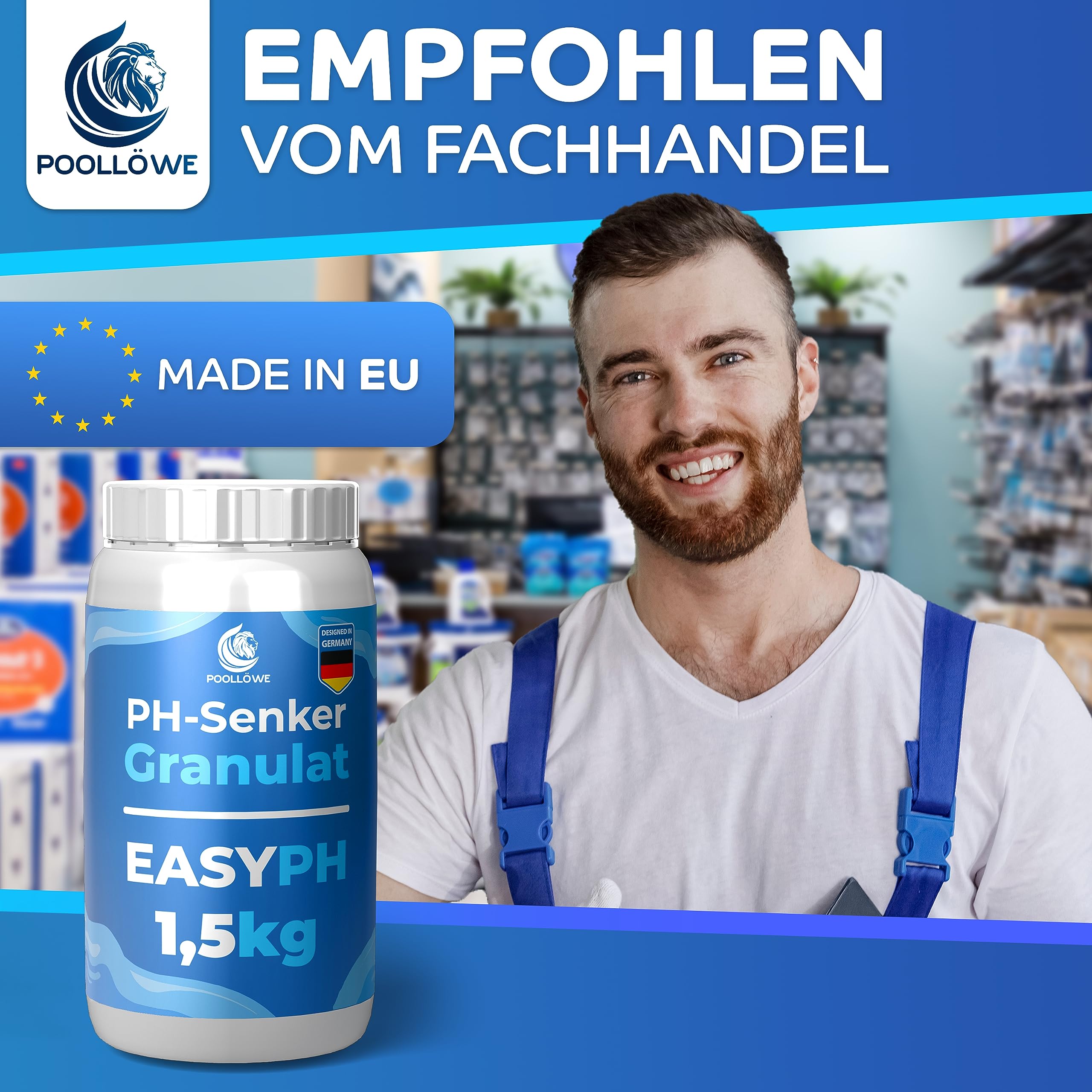 PoolLöwe PH Minus Granulat 1,5KG - PH-Wert Senker für Pool & Whirlpool mit Stabilisator - Extra Sicher & Effizient