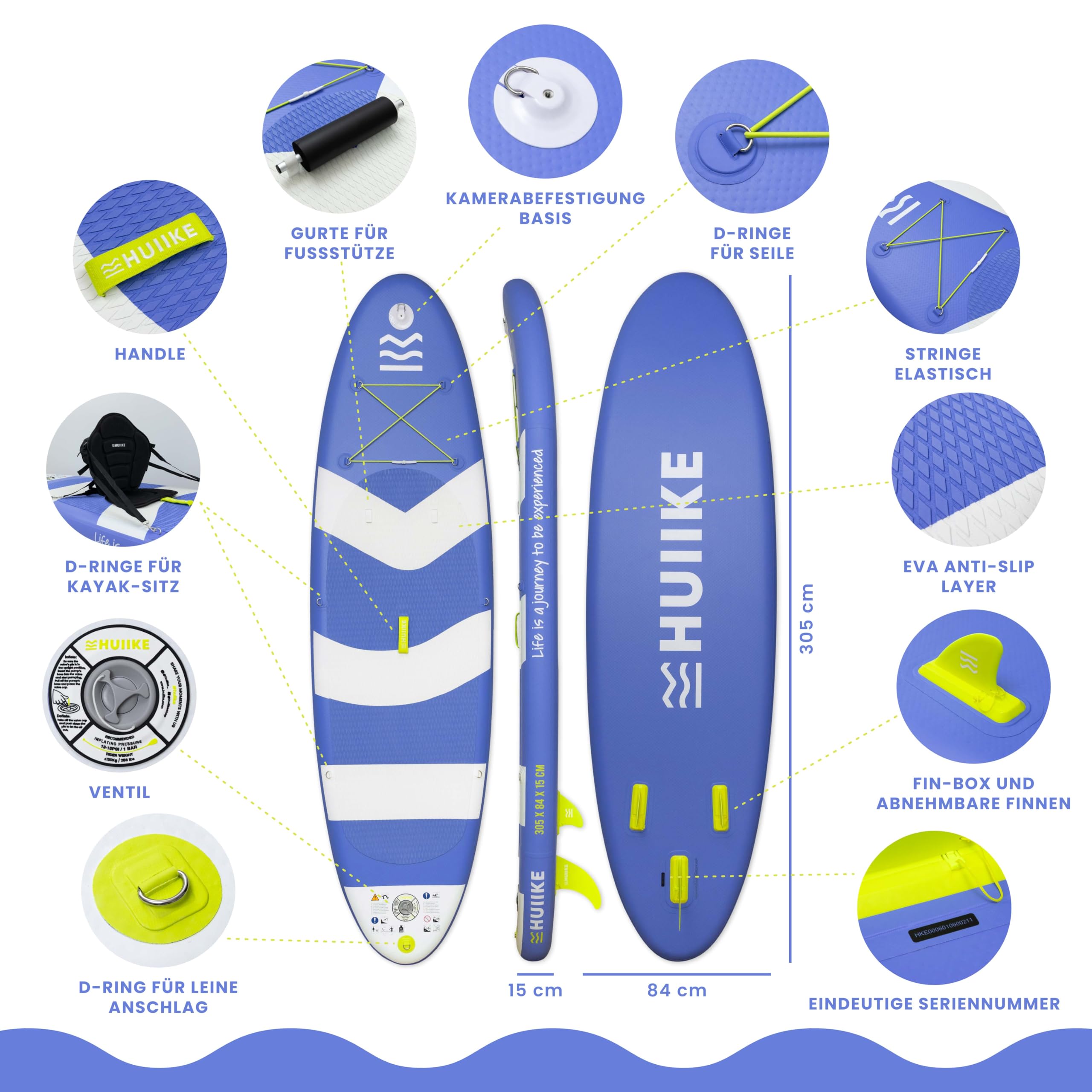 HUIIKE SUP Board aufblasbar 305x84x15cm mit Zubehör - Stand Up Paddle Paddel Finnen Pumpe, hohe Stabilität 130kg Belastbarkeit
