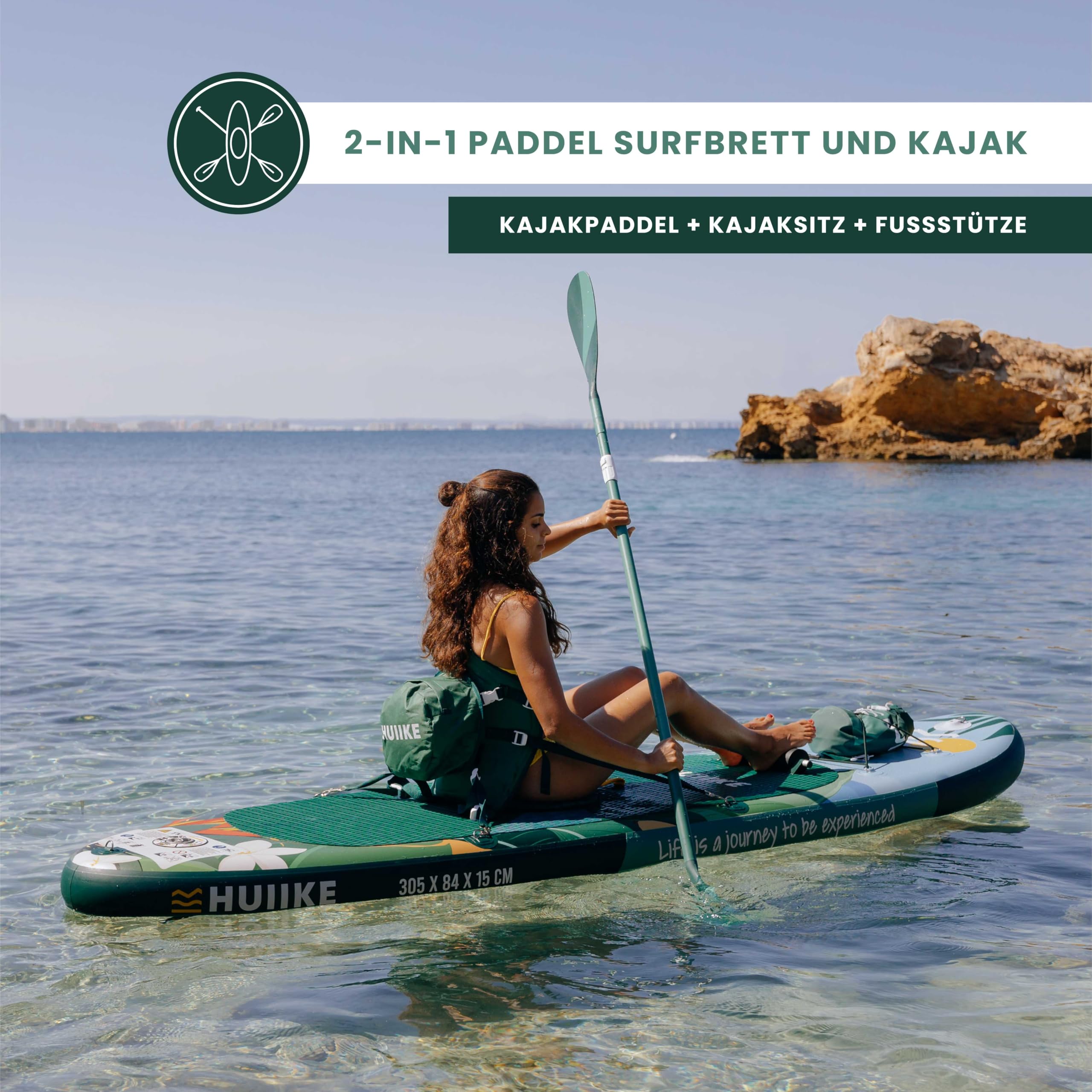 HUIIKE SUP Board aufblasbar mit Zubehör - 305x84x15cm - Belastbar bis 130kg - Hohe Stabilität - Inkl. Paddel, Finnen, Pumpe