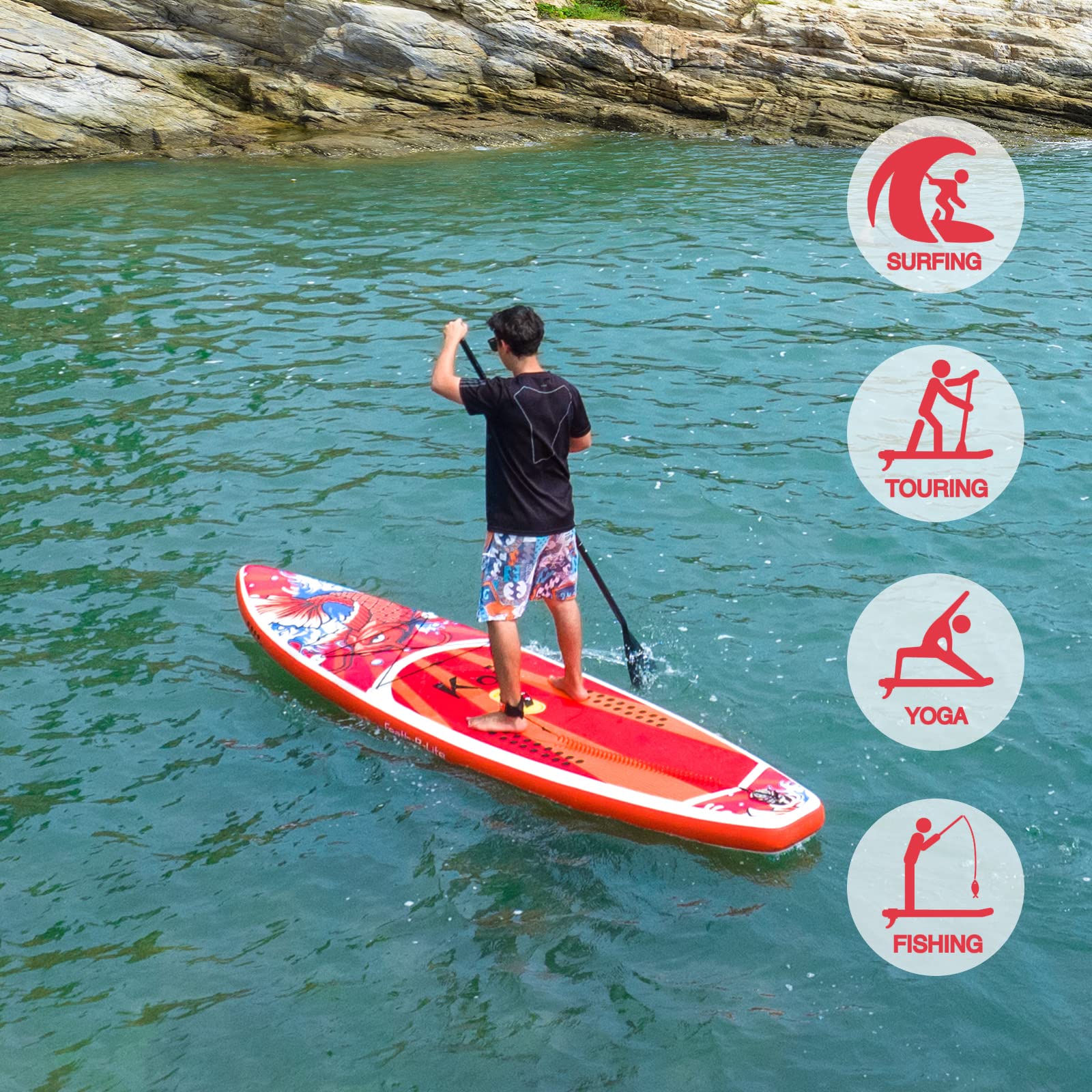 FunWater Aufblasbares SUP Board - Komplettes Set mit Paddel, Pumpe, Reiserucksack, Leine & wasserdichter Tasche - Erwachsene - Rot