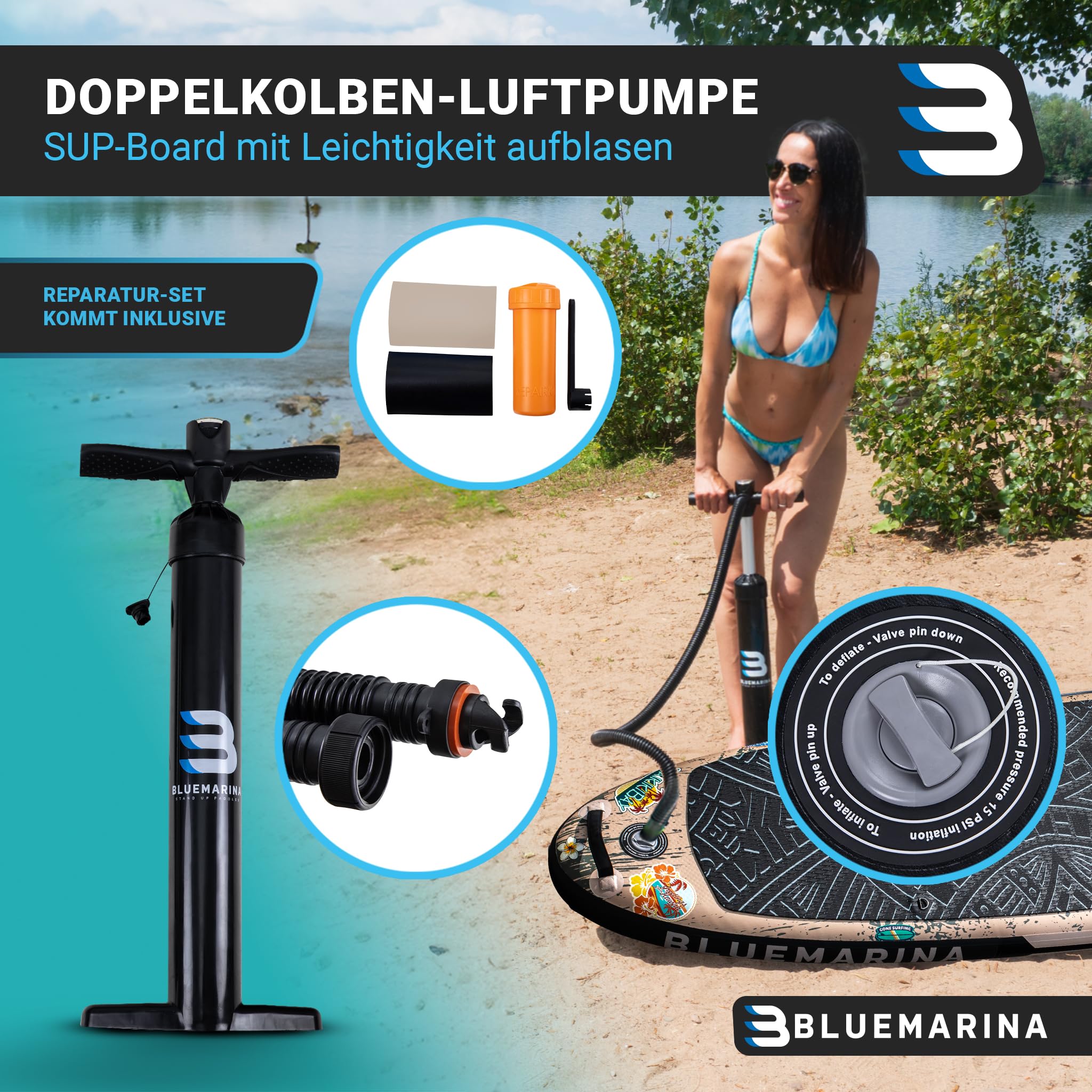 Bluemarina SUP Board aufblasbar - 5 JAHRE GARANTIE - 140kg Tragkraft - 325x86x15cm - Stand Up Paddling Set - Tiki 325cm