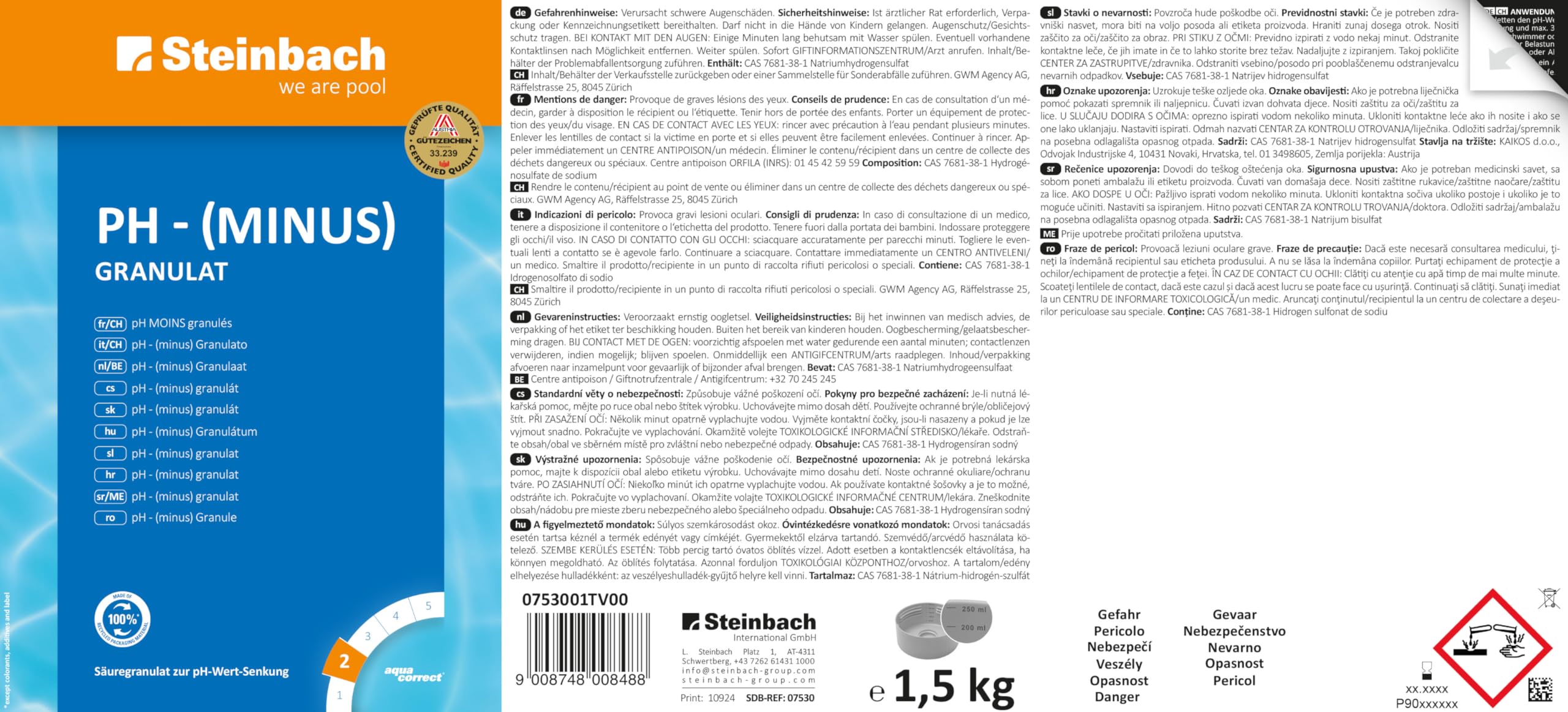 Steinbach Poolpflege pH-(Minus) Granulat, 1,5 kg, Einstellung des pH-Werts, 0753001TD00