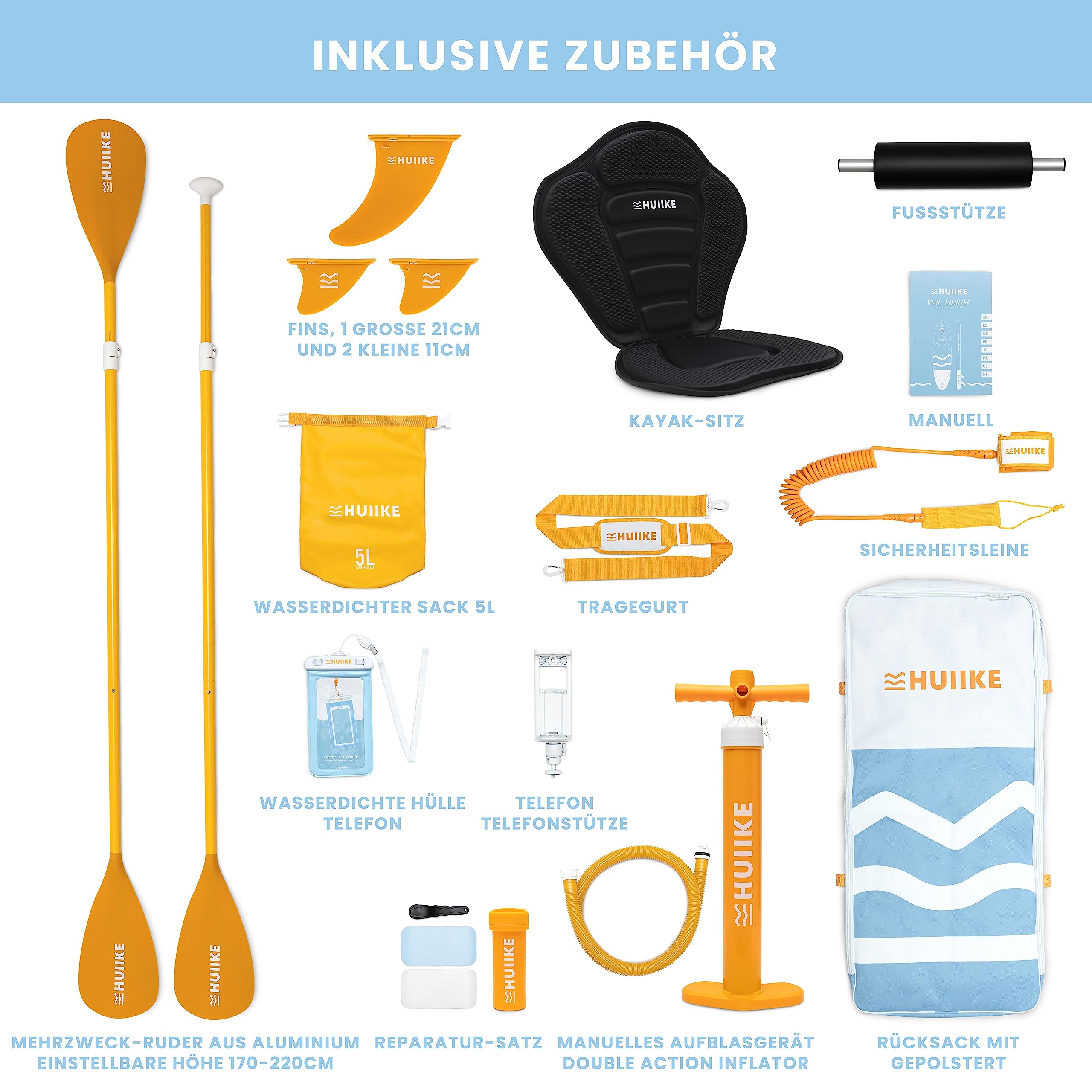 HUIIKE SUP Board 305cm aufblasbar komplett Set - Stand Up Paddle Zubehör Paddel Finnen Pumpe 130kg